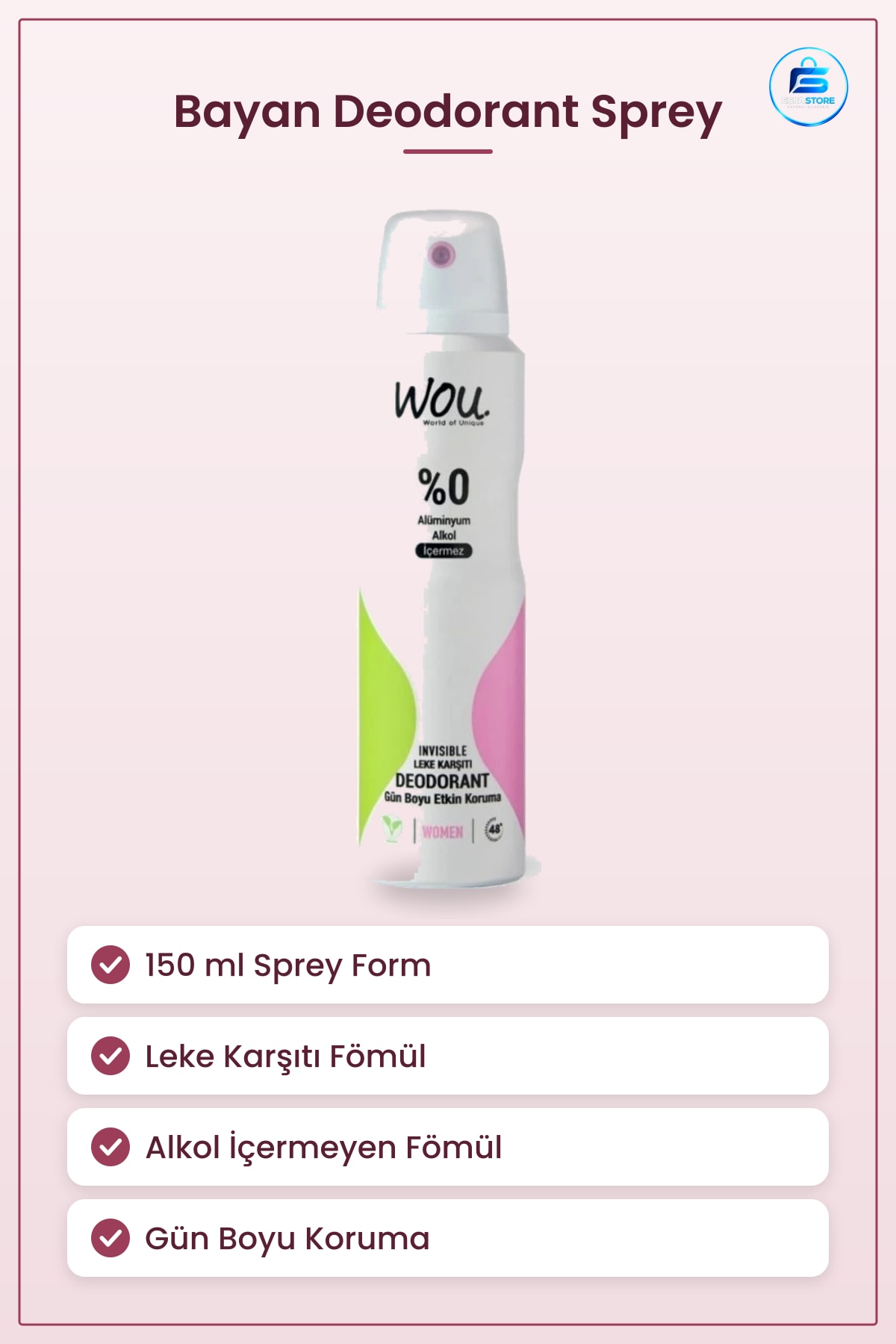 Deodorant Bayan 150 ml Sprey Leke Karşıtı Gün Boyu Koruma Alkol İçermeyen Kadın Kişisel Bakım