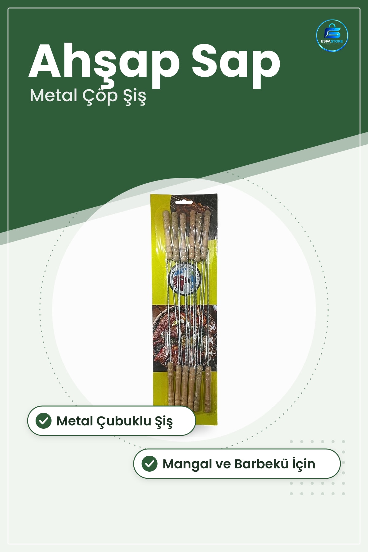 Ahşap Saplı Metal Çöp Şiş Mangal Aksesuarı Barbekü Kebap Bahçe Piknik Yemek Pişirme