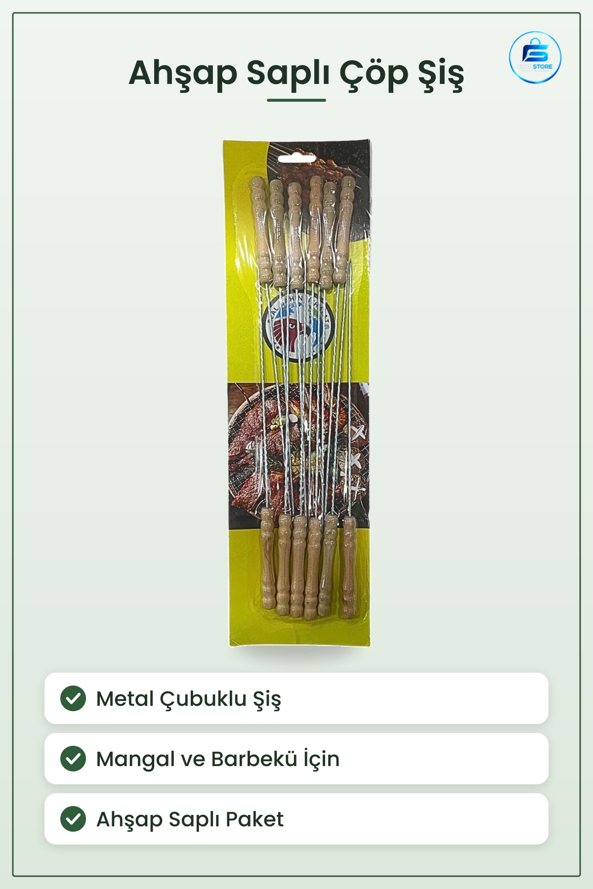 Ahşap Saplı Metal Çöp Şiş Mangal Aksesuarı Barbekü Kebap Bahçe Piknik Yemek Pişirme