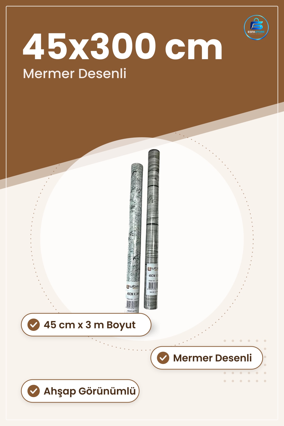 Yapışkanlı Folyo 45 cm x 3 m Mermer Desenli Ahşap Görünümlü Mutfak Dolap Tezgah Dekor Kaplama