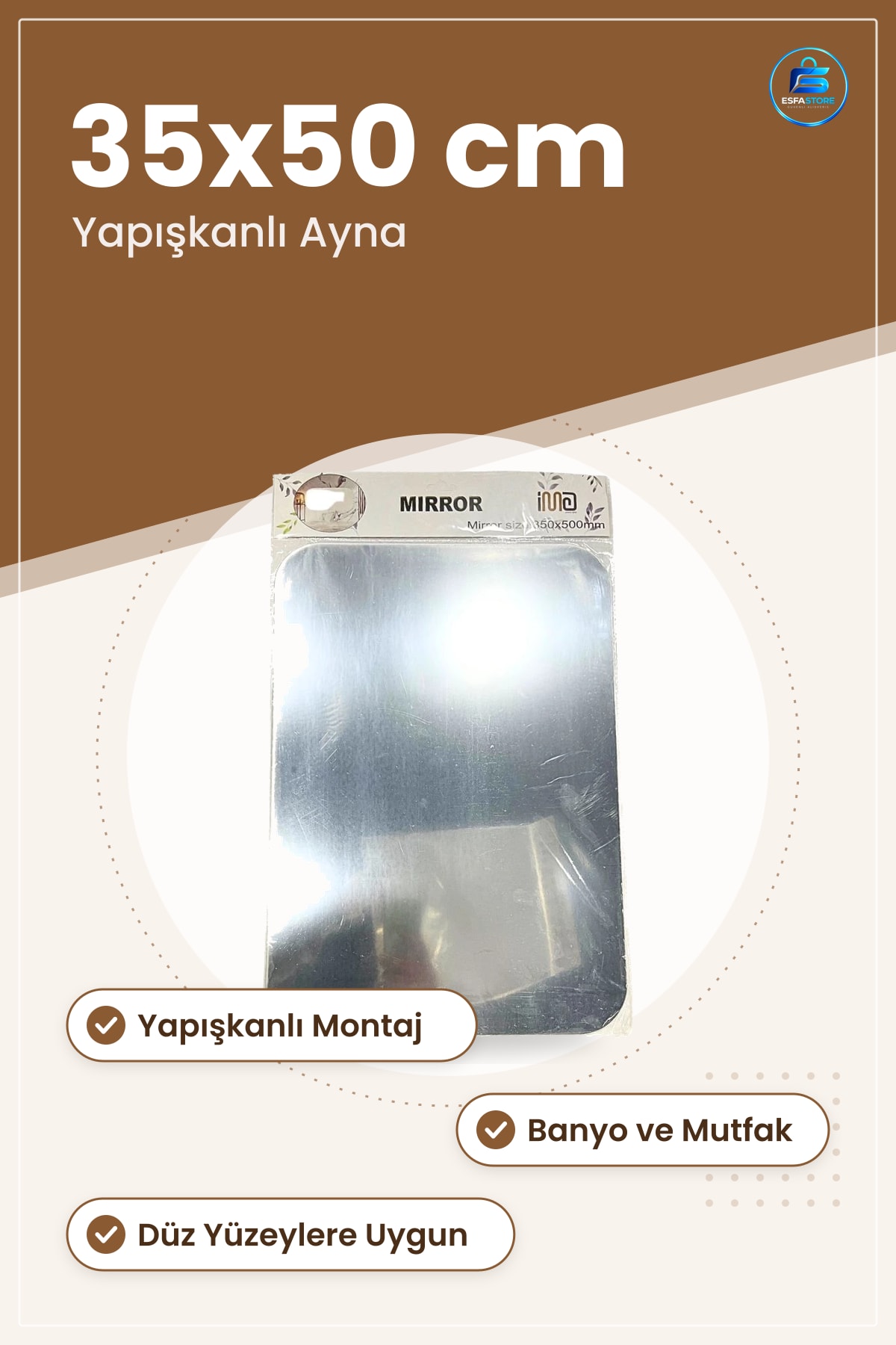 Yapışkanlı Ayna 35x50 cm Duvar Dekoratif Banyo Mutfak Düz Yüzey Kolay Montaj Ev Dekorasyon