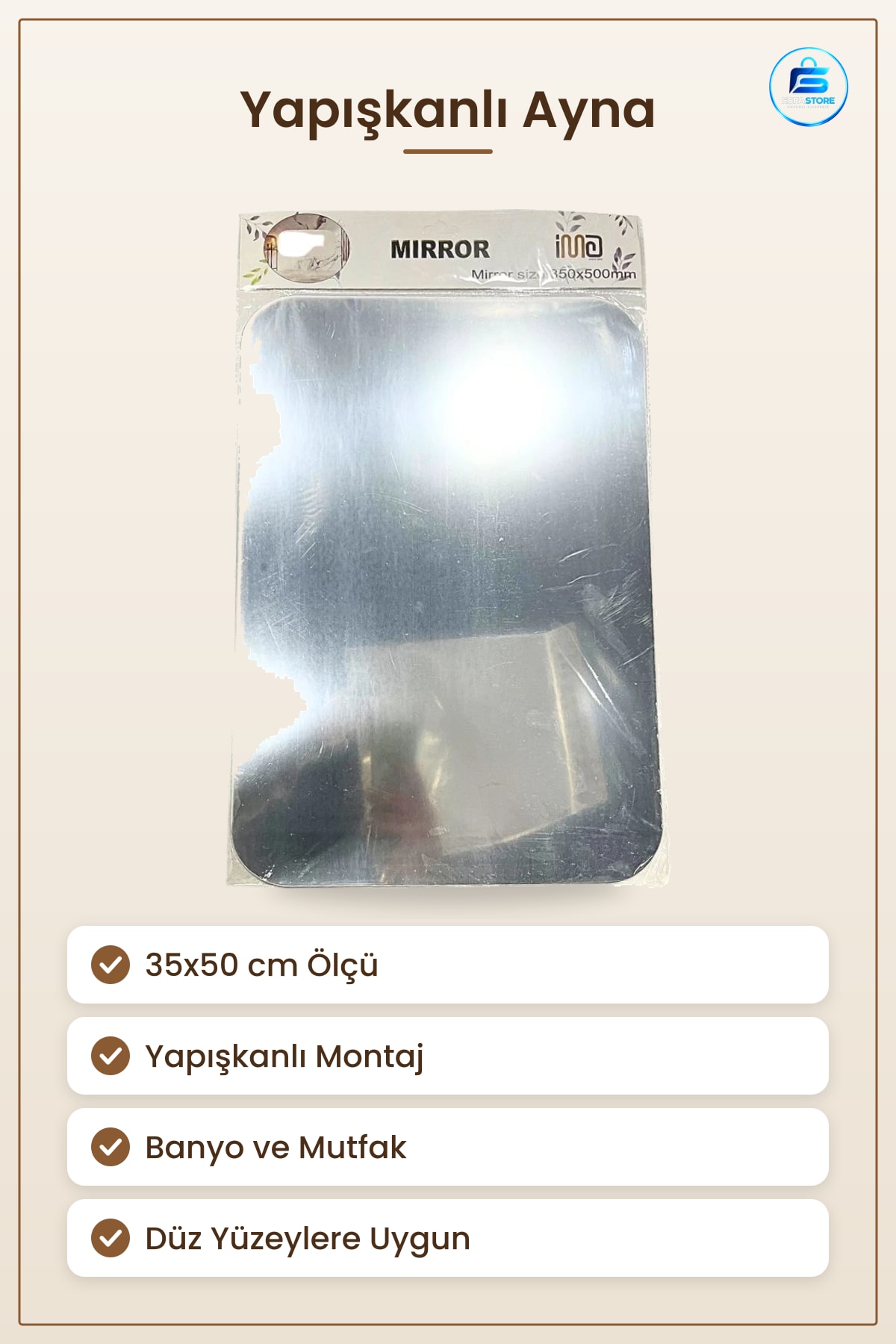 Yapışkanlı Ayna 35x50 cm Duvar Dekoratif Banyo Mutfak Düz Yüzey Kolay Montaj Ev Dekorasyon