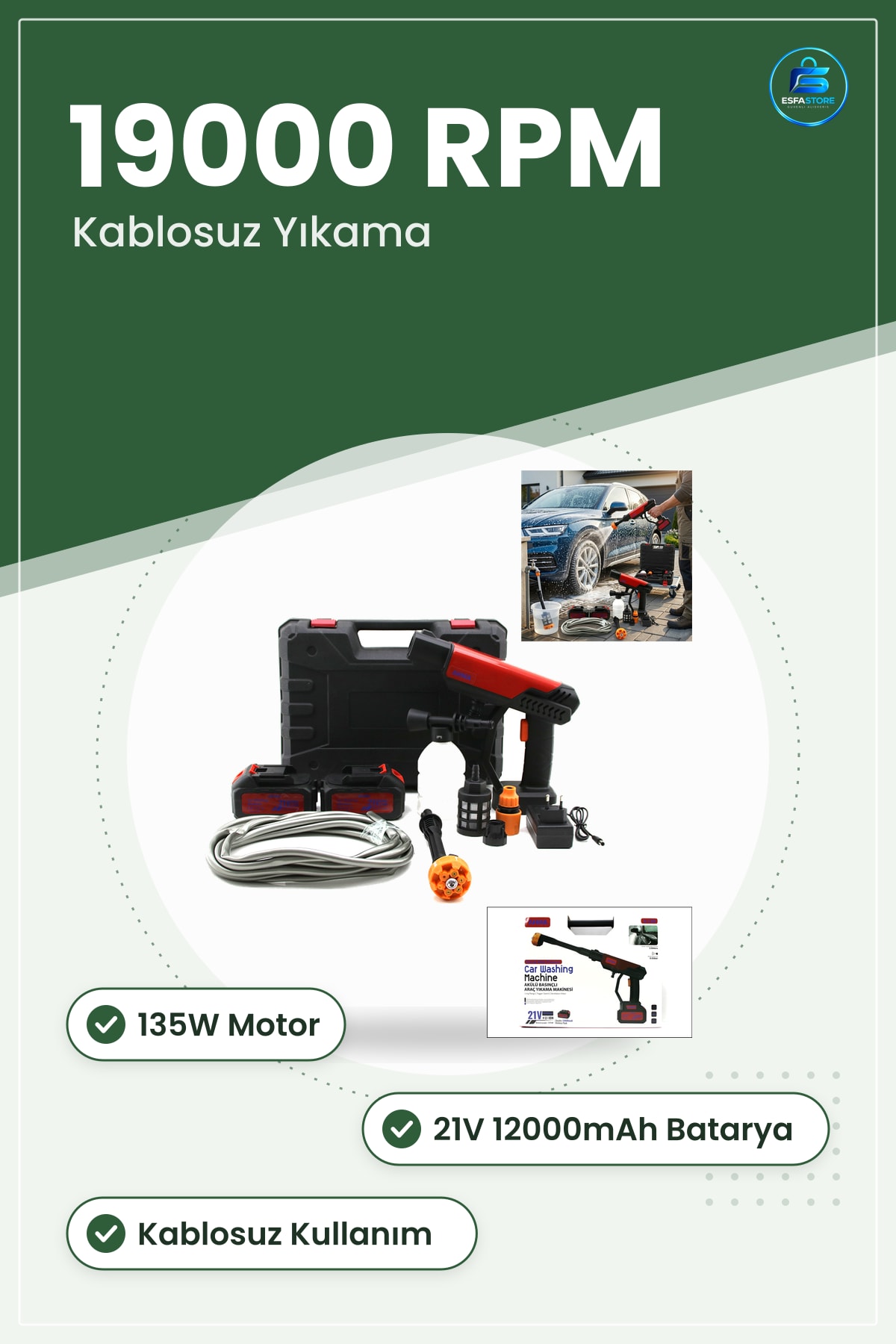 Şarjlı Yüksek Basınçlı Araç Yıkama Makinesi 135W 19000RPM 21V 12000mAh Yedek Batarya Kablosuz
