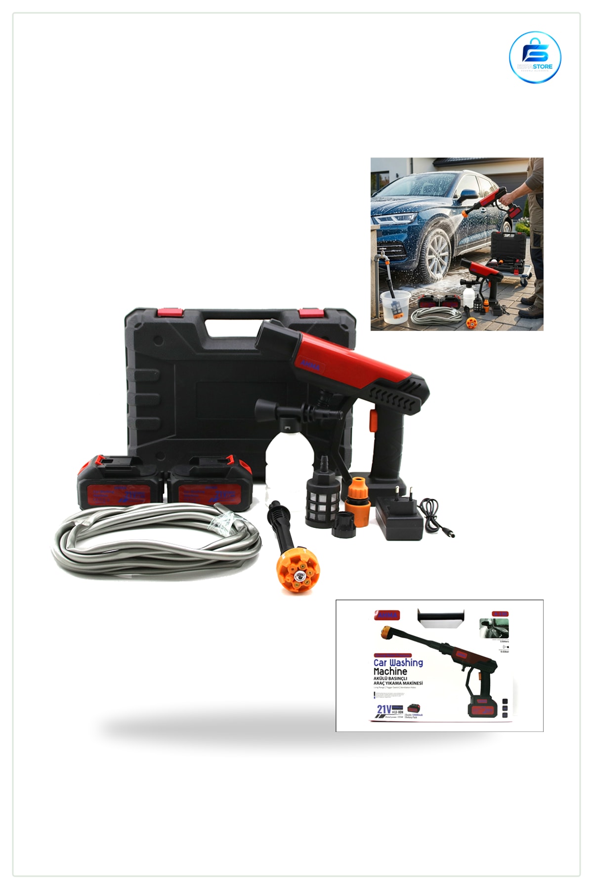 Şarjlı Yüksek Basınçlı Araç Yıkama Makinesi 135W 19000RPM 21V 12000mAh Yedek Batarya Kablosuz