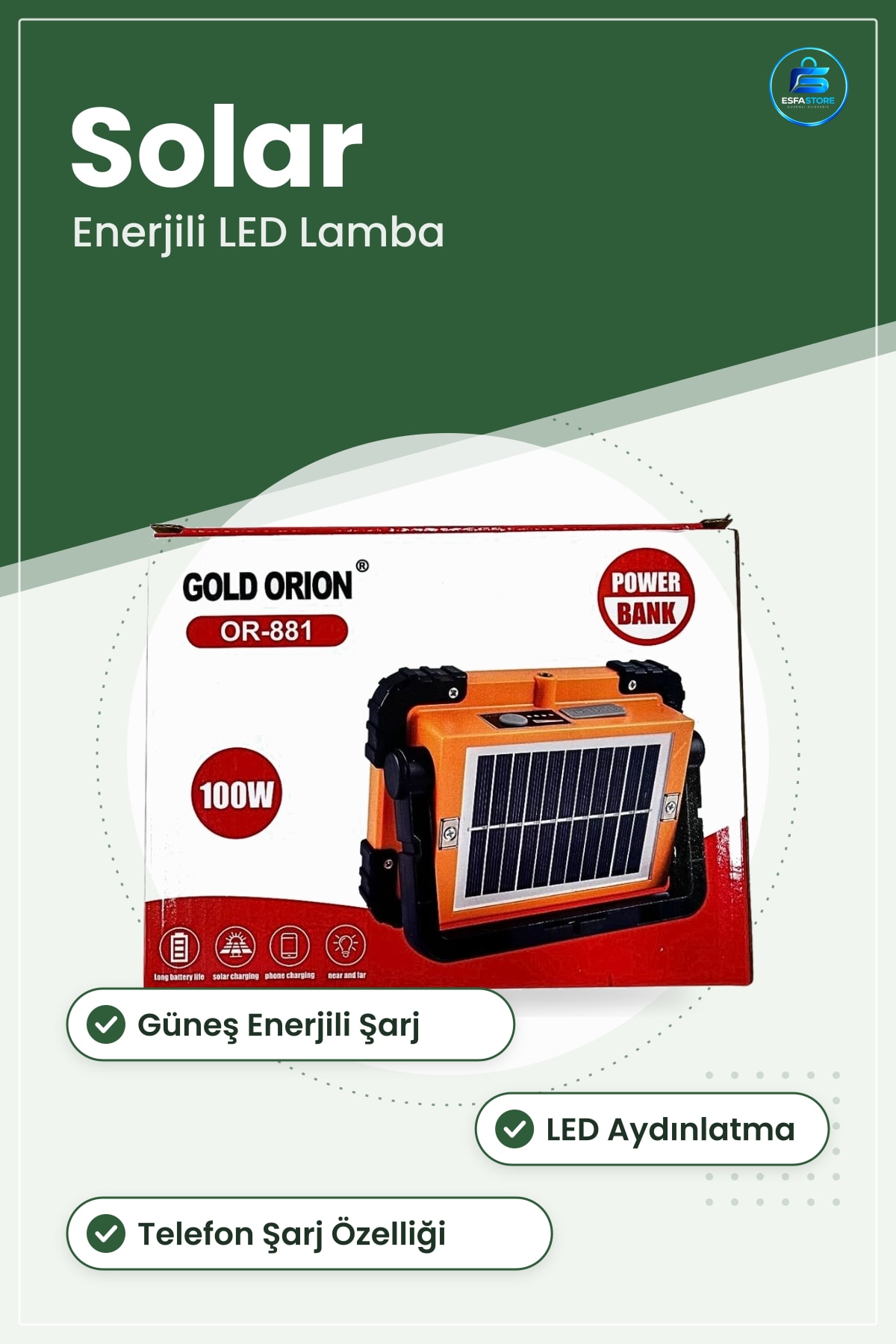 Solar Lamba Şarjlı Güneş Enerjili LED Aydınlatma Powerbank Telefon Şarj Bahçe Kullanışlı