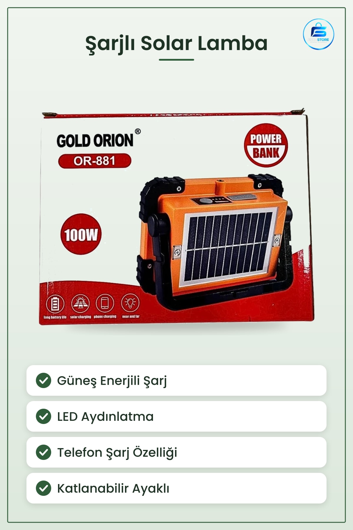 Solar Lamba Şarjlı Güneş Enerjili LED Aydınlatma Powerbank Telefon Şarj Bahçe Kullanışlı