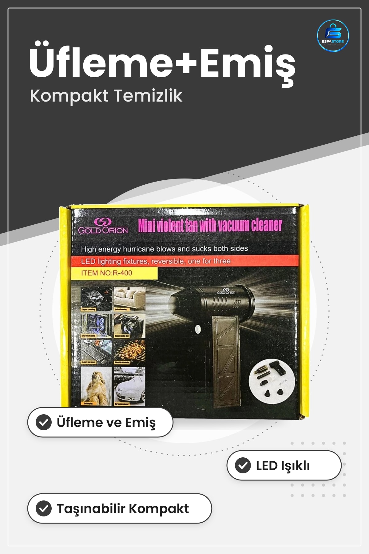 Mini Oto Süpürgesi Üflemeli Emişli Araç İçi Temizlik LED Işıklı Taşınabilir Kompakt Vakum