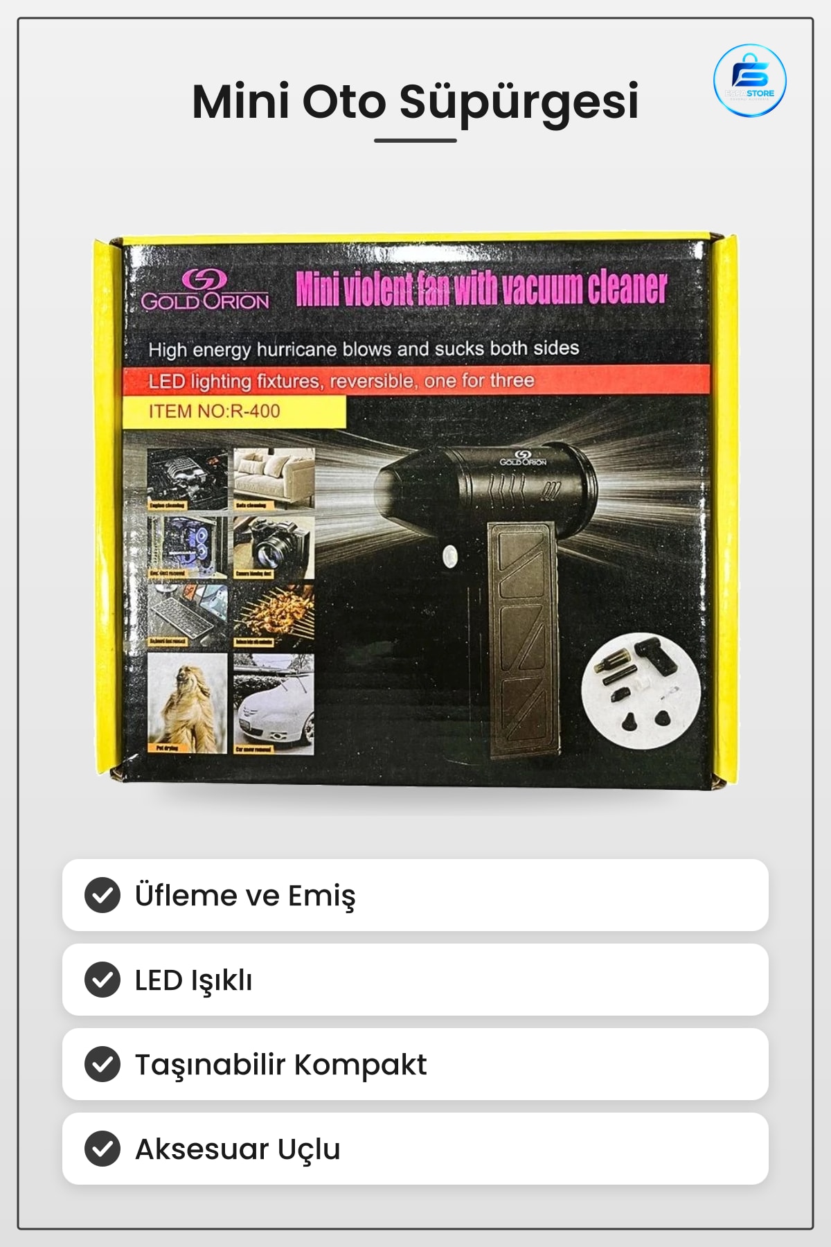 Mini Oto Süpürgesi Üflemeli Emişli Araç İçi Temizlik LED Işıklı Taşınabilir Kompakt Vakum