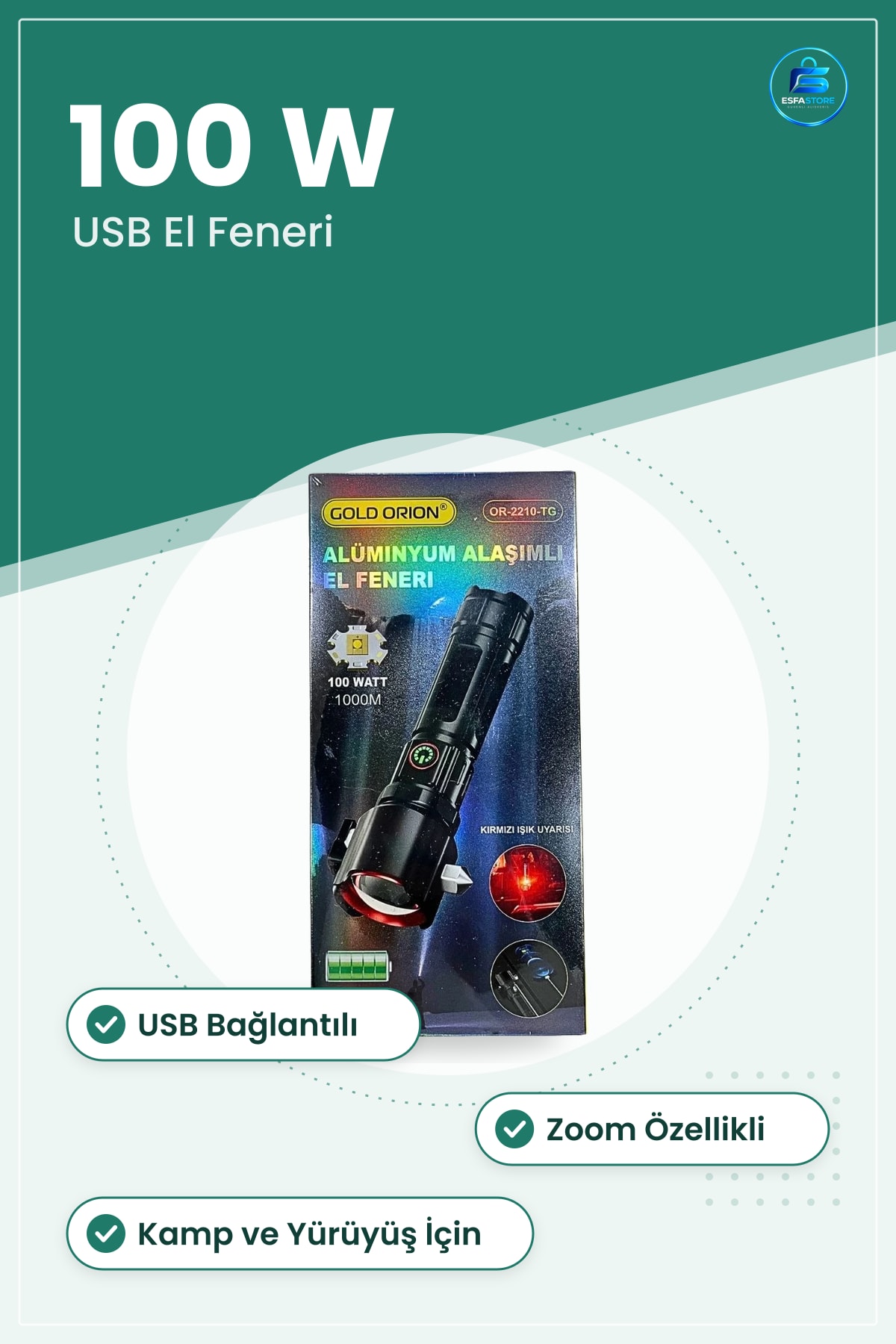 USB El Feneri 100 W Alüminyum Alşımlı Taşınabilir Zoom LED Kamp Yürüyüş Aydınlatma Pratik