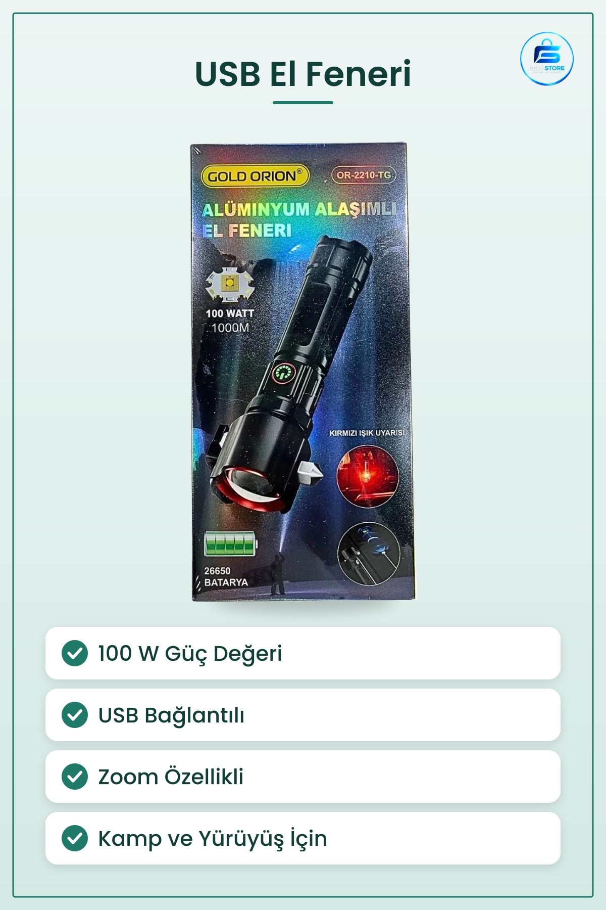 USB El Feneri 100 W Alüminyum Alşımlı Taşınabilir Zoom LED Kamp Yürüyüş Aydınlatma Pratik