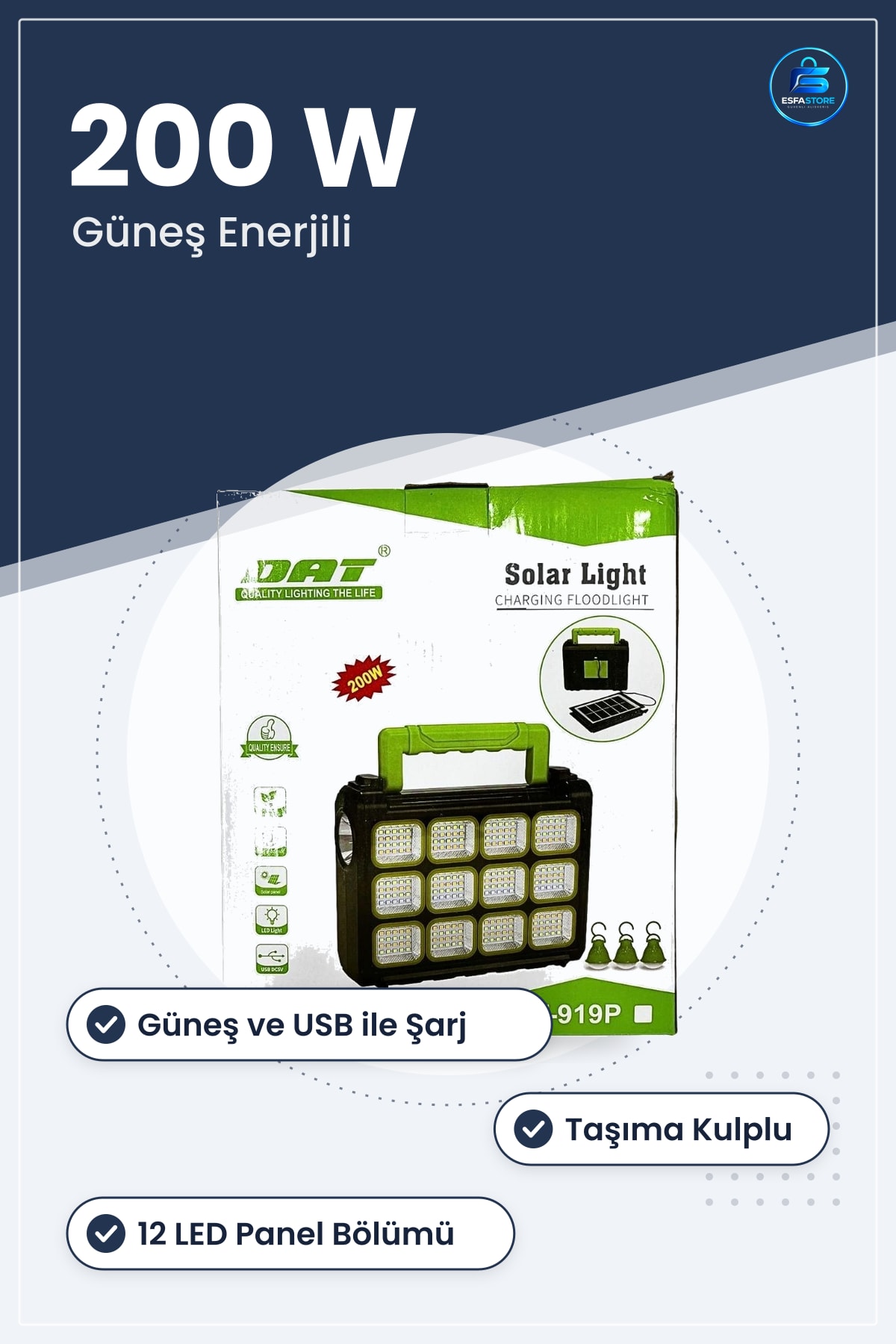 Solar Projektör 200 W USB Şarjlı Güneş Enerjili Taşınabilir LED Aydınlatma Bahçe Kamp