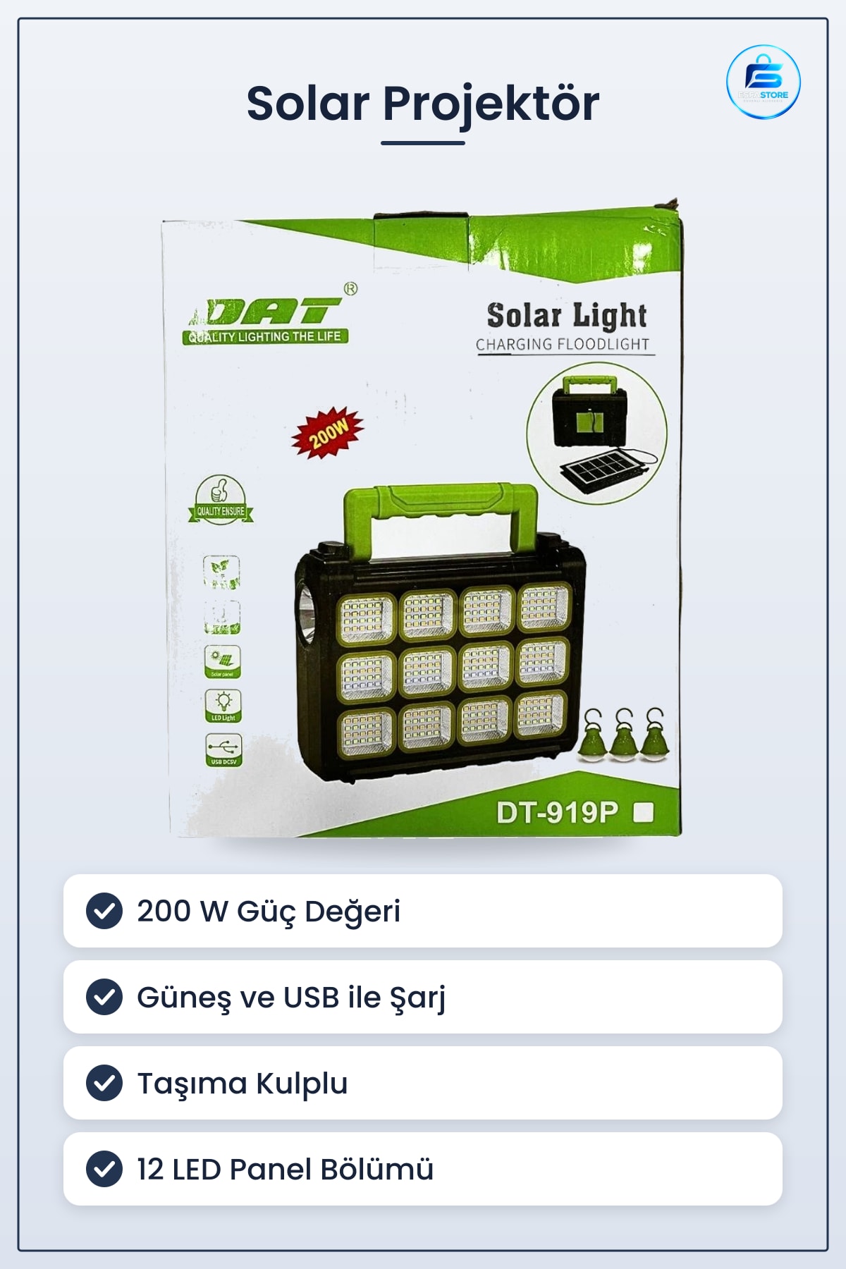 Solar Projektör 200 W USB Şarjlı Güneş Enerjili Taşınabilir LED Aydınlatma Bahçe Kamp