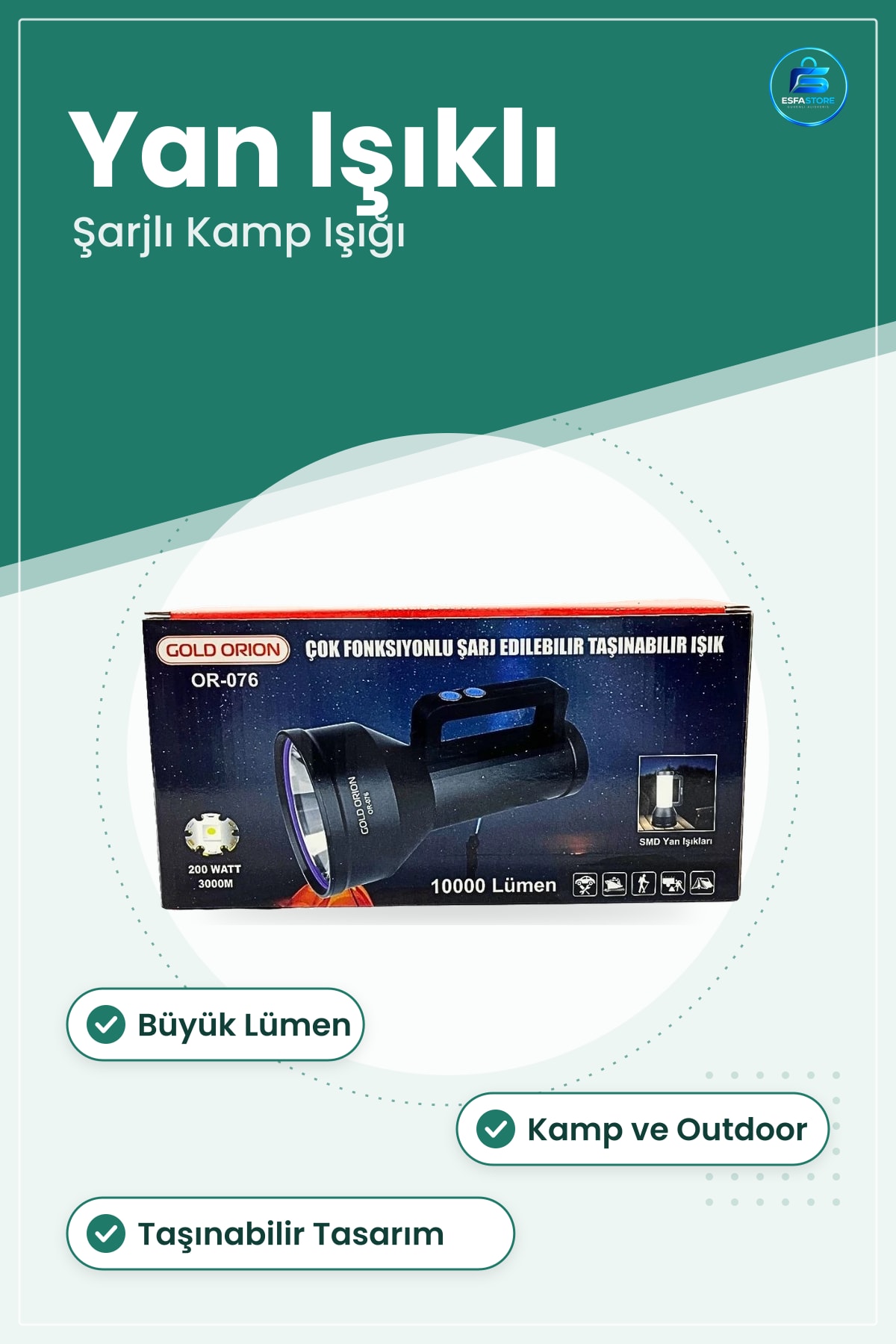 El Feneri Şarjlı Büyük Lümen Taşınabilir Kamp Işığı Çok Fonksiyonlu Yan Işıklı Outdoor