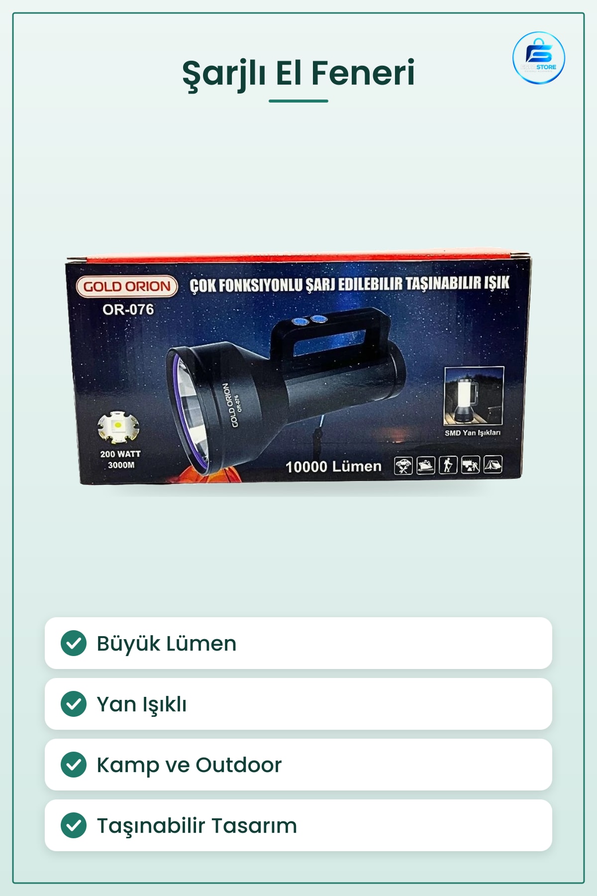 El Feneri Şarjlı Büyük Lümen Taşınabilir Kamp Işığı Çok Fonksiyonlu Yan Işıklı Outdoor