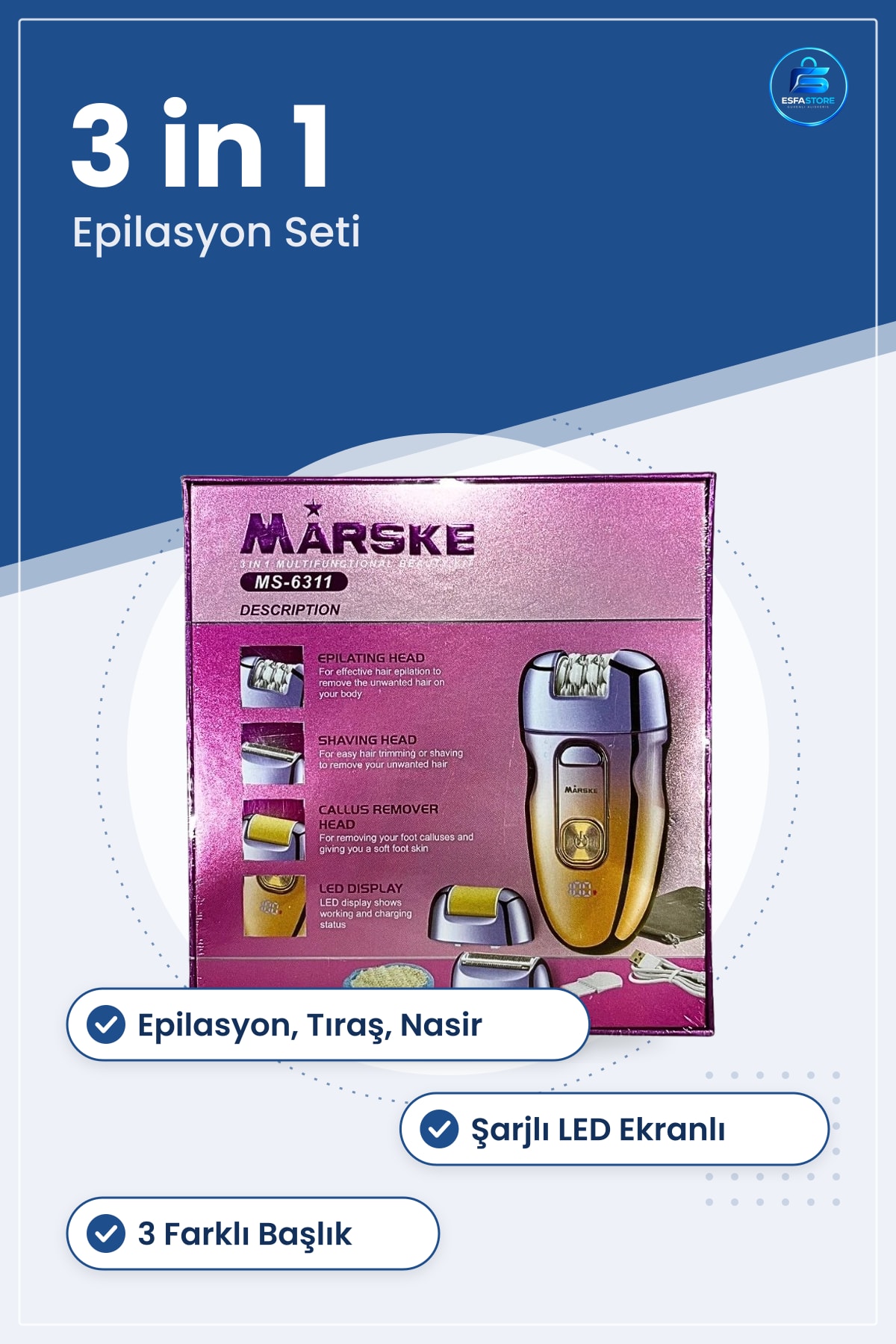Epilatör 3 in 1 Epilasyon Seti Tıraş Topuk Bakım Başlıklı Şarjlı LED Ekranlı Cihazı
