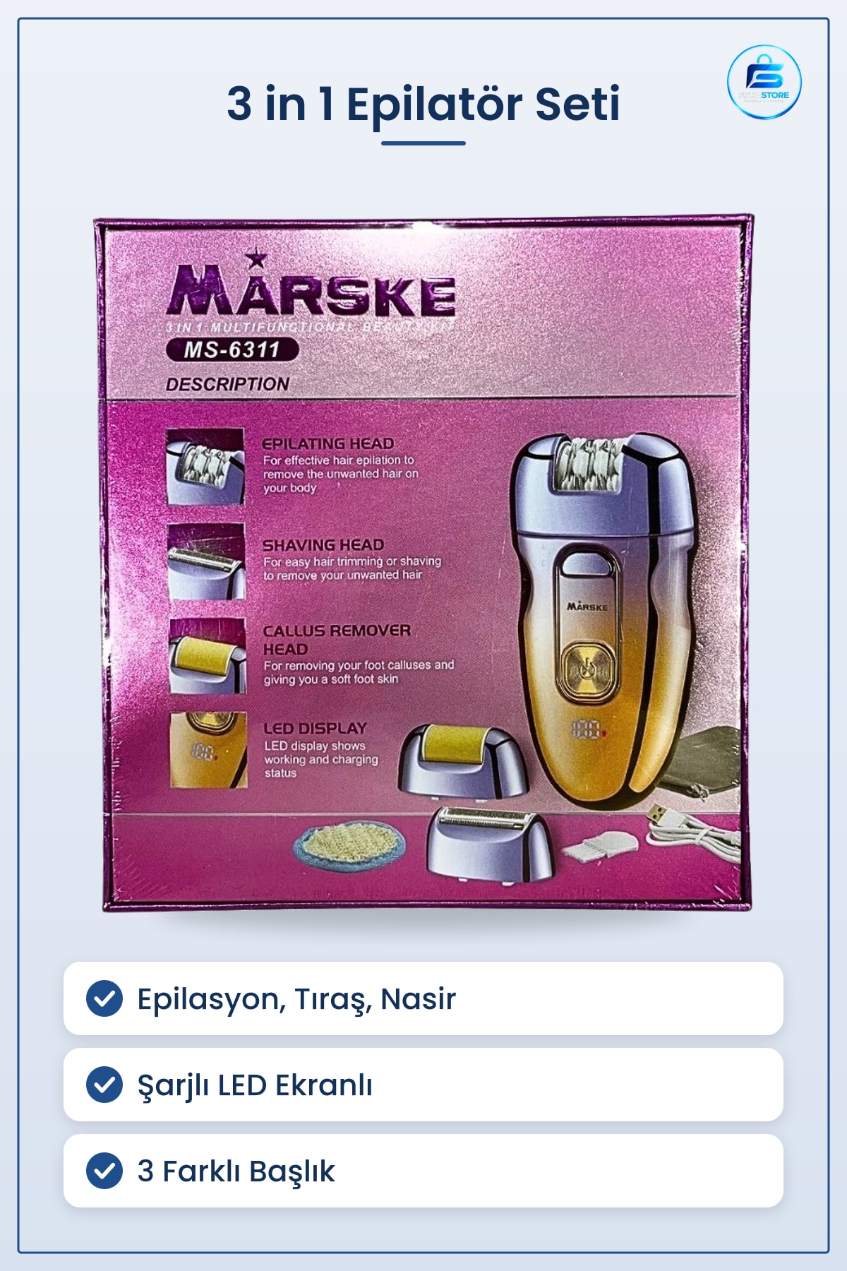 Epilatör 3 in 1 Epilasyon Seti Tıraş Topuk Bakım Başlıklı Şarjlı LED Ekranlı Cihazı
