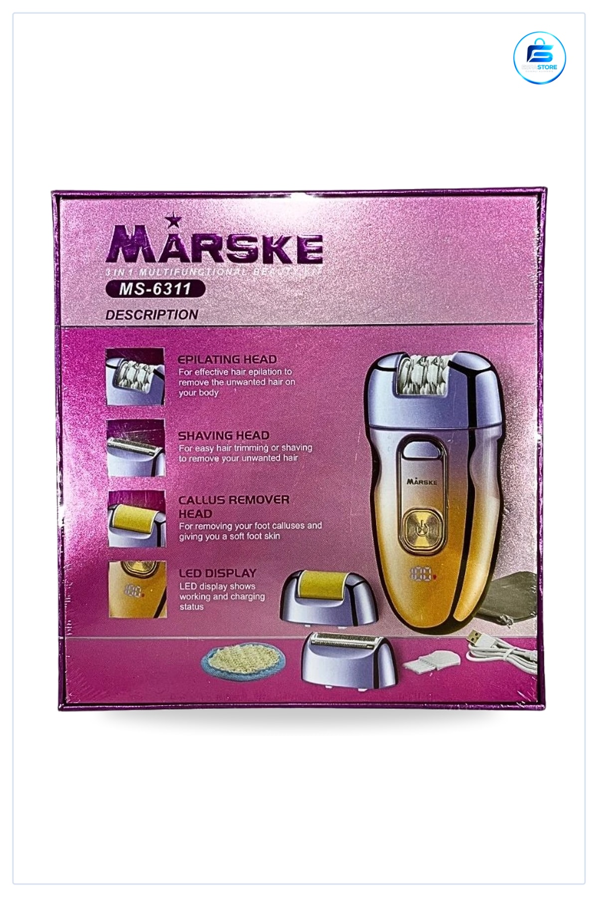 Epilatör 3 in 1 Epilasyon Seti Tıraş Topuk Bakım Başlıklı Şarjlı LED Ekranlı Cihazı