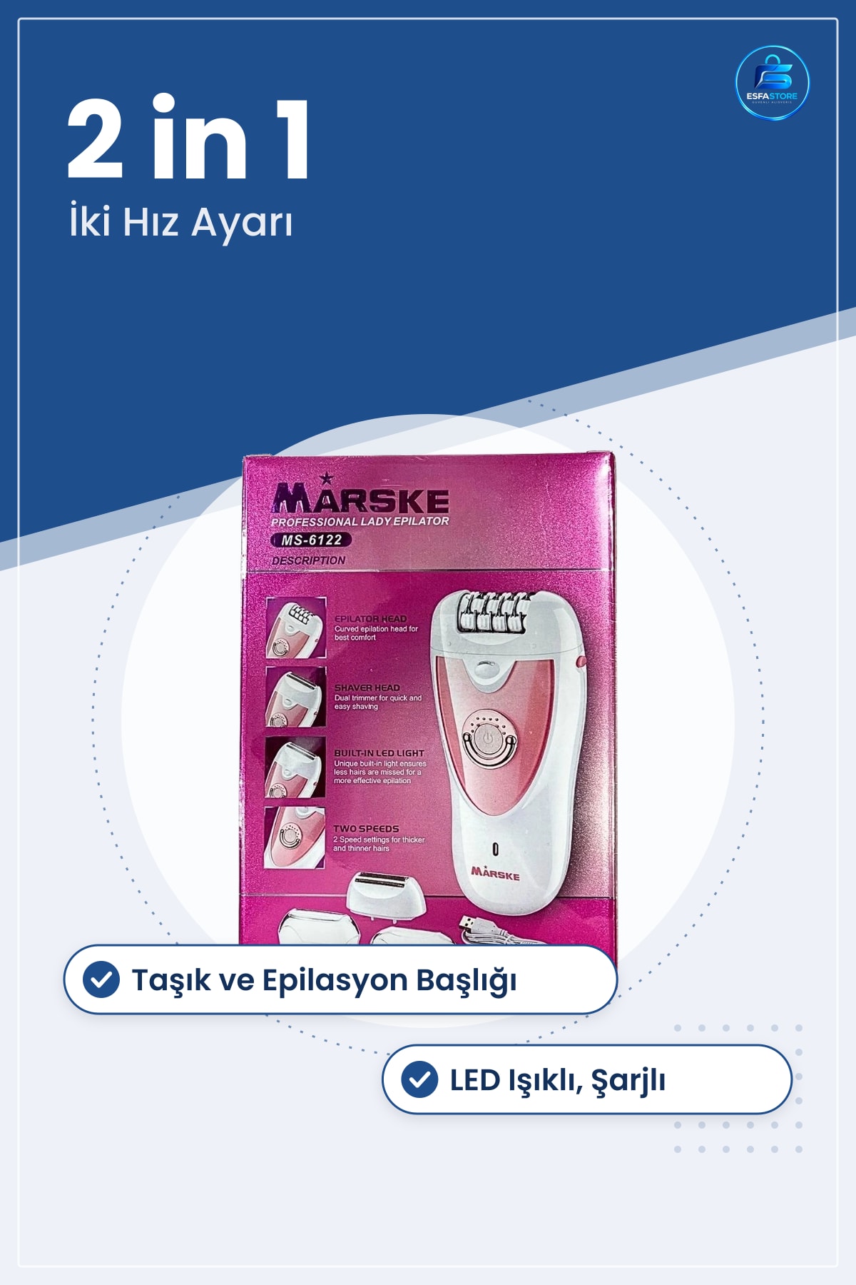 Epilatör Seti 2 in 1 Epilasyon Başlığı Taşık Kadın Kişisel Bakım Şarjlı LED Işıklı Ağda