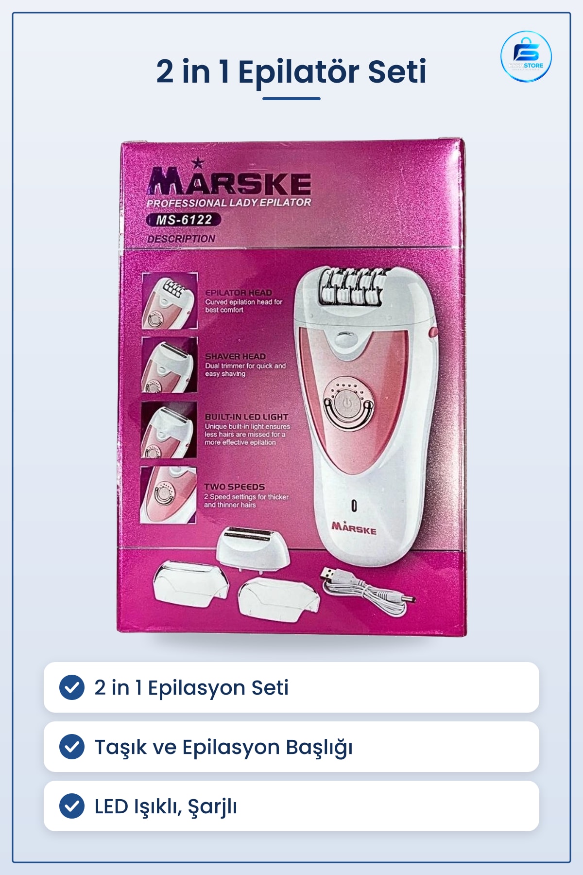 Epilatör Seti 2 in 1 Epilasyon Başlığı Taşık Kadın Kişisel Bakım Şarjlı LED Işıklı Ağda