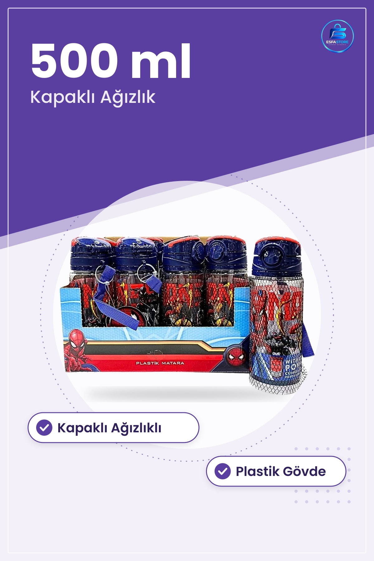 Plastik Matara 500 ml Çocuk Okul Suluu Kapaklı Ağızlıklı Günlük Kullanım İçecek Şişesi