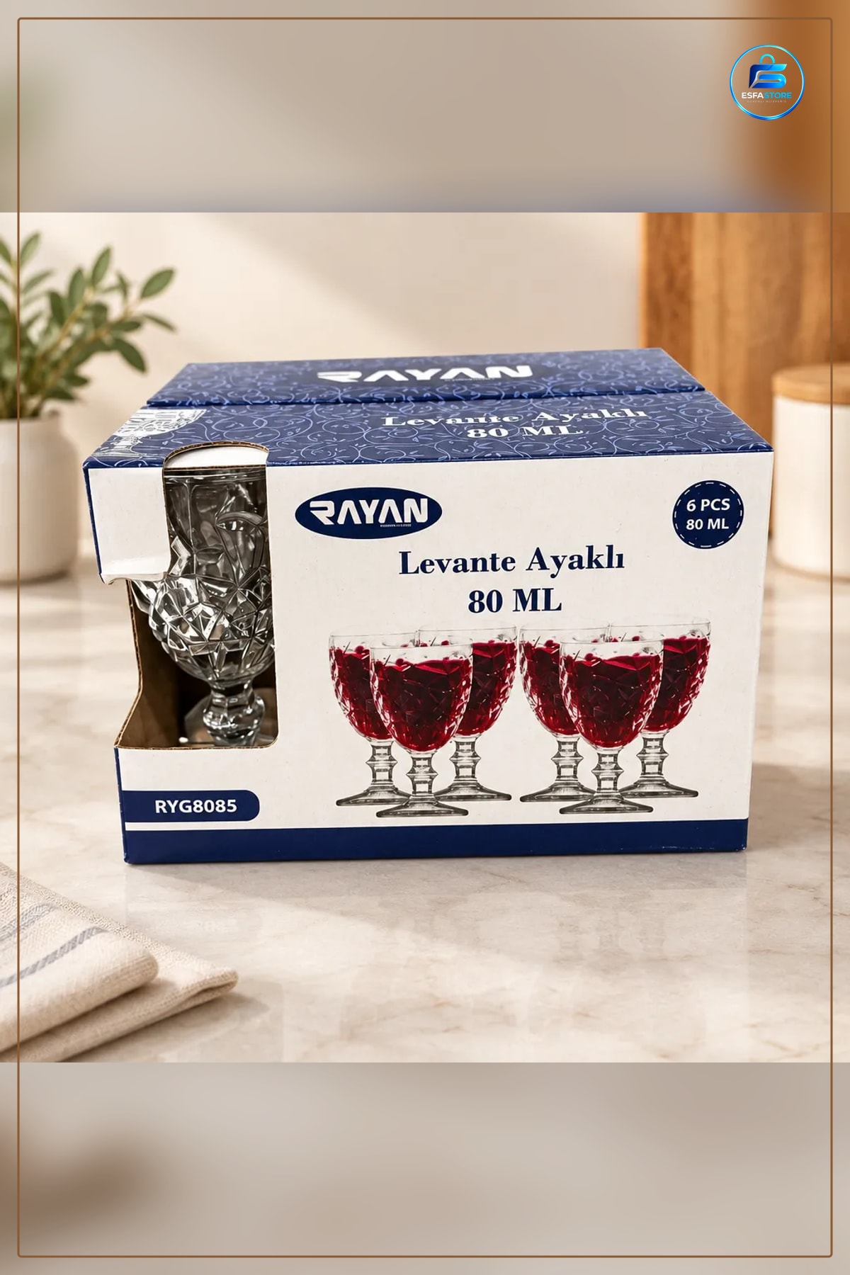Levante Ayaklı Kahve Yanı Cam Bardak 80 ml 6 Adet Desenli Dekoratif Sofra Mutfak Servis Seti