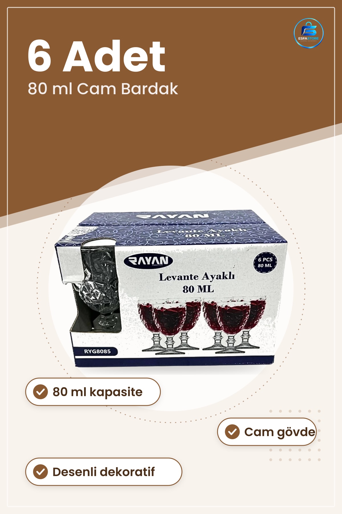 Levante Ayaklı Kahve Yanı Cam Bardak 80 ml 6 Adet Desenli Dekoratif Sofra Mutfak Servis Seti
