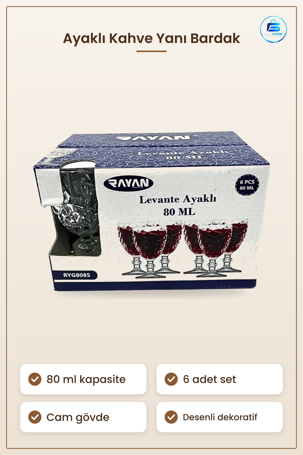 Levante Ayaklı Kahve Yanı Cam Bardak 80 ml 6 Adet Desenli Dekoratif Sofra Mutfak Servis Seti