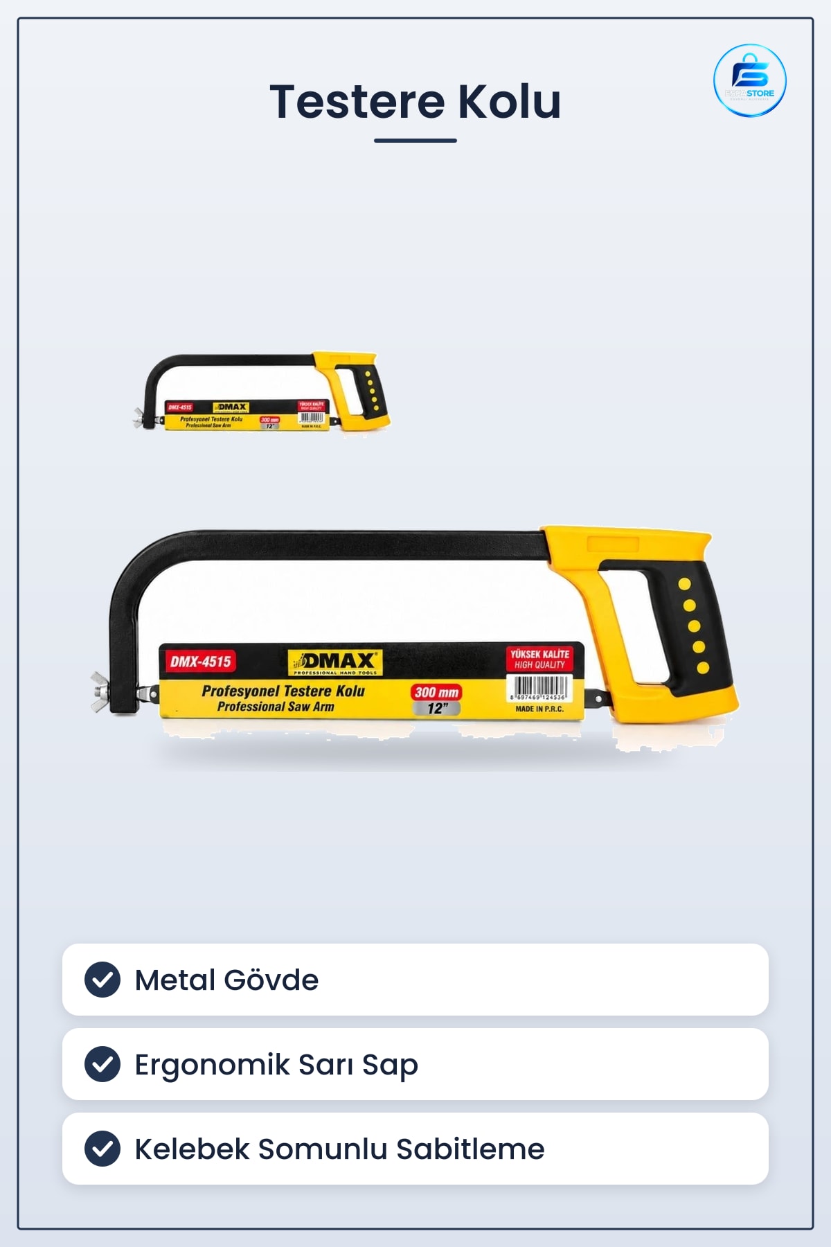 Ağızlı Testere Kolu Sarı Saplı Profesyonel El Aleti Metal Gövdeli Ev Atölye Hırdavat Tamir