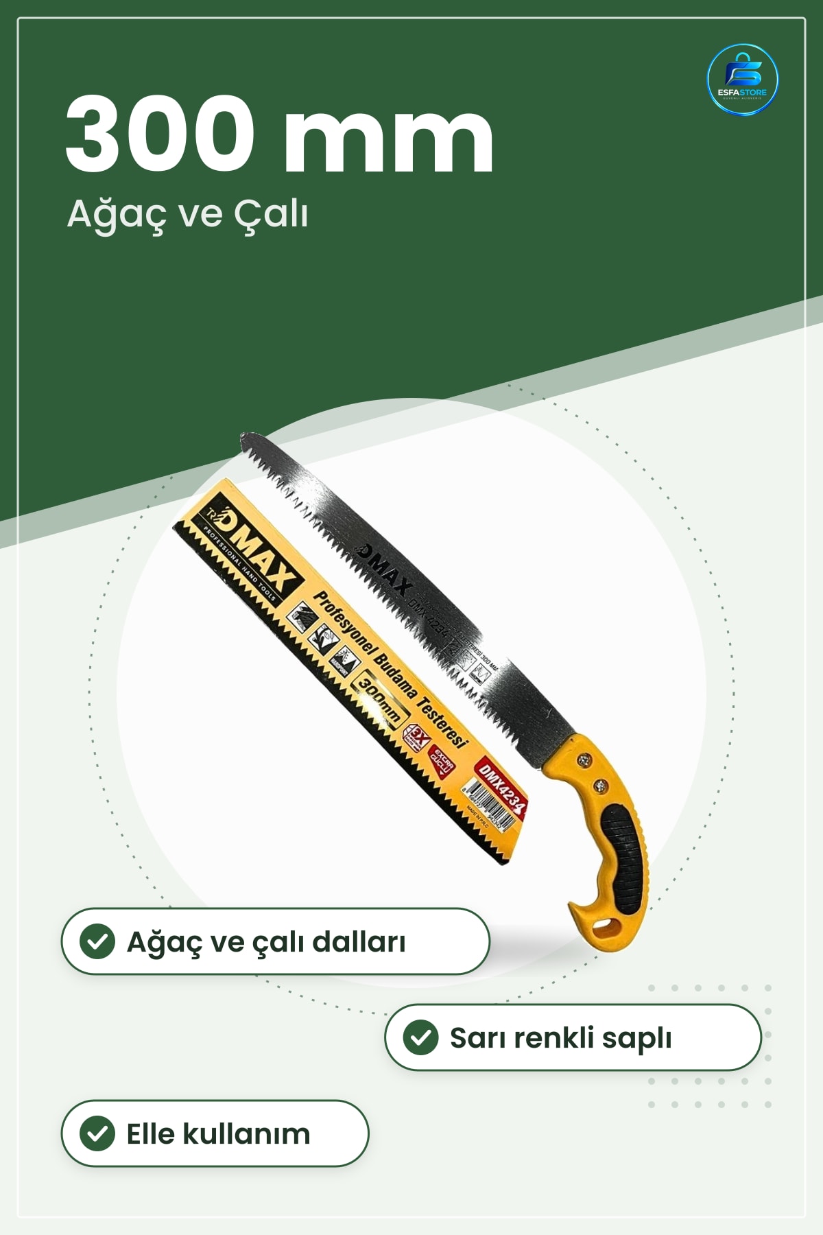 Budama Testeresi 300 mm Bahçe Ağaç ve Çalı Dalı Kesim Aleti Sarı Saplı Elle Kullanım