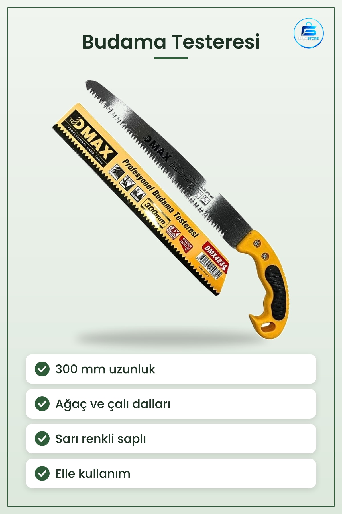 Budama Testeresi 300 mm Bahçe Ağaç ve Çalı Dalı Kesim Aleti Sarı Saplı Elle Kullanım