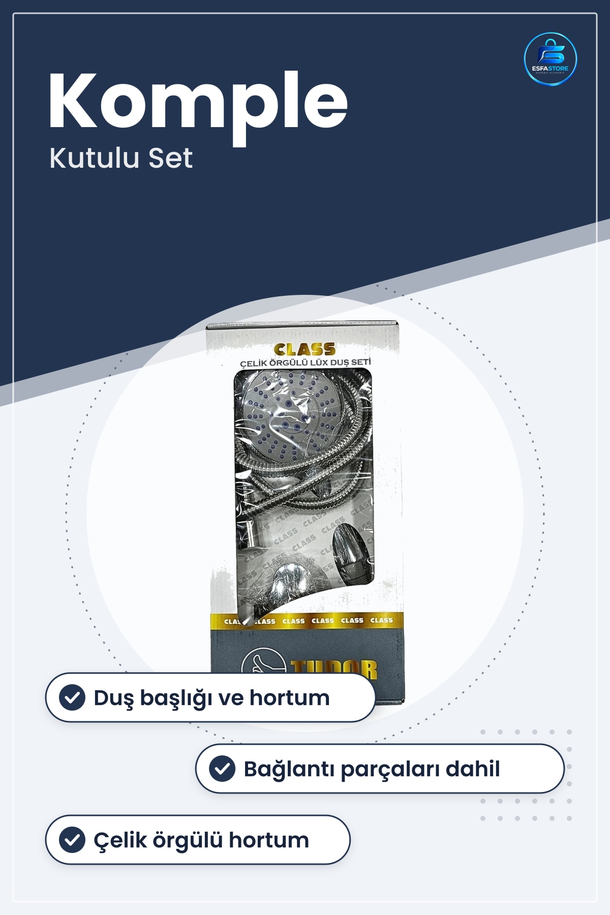 Duş Seti Çelik Örgülü Lüks Komple Kutulu Başlık Hortum ve Askı Ev Banyosu Sistemi