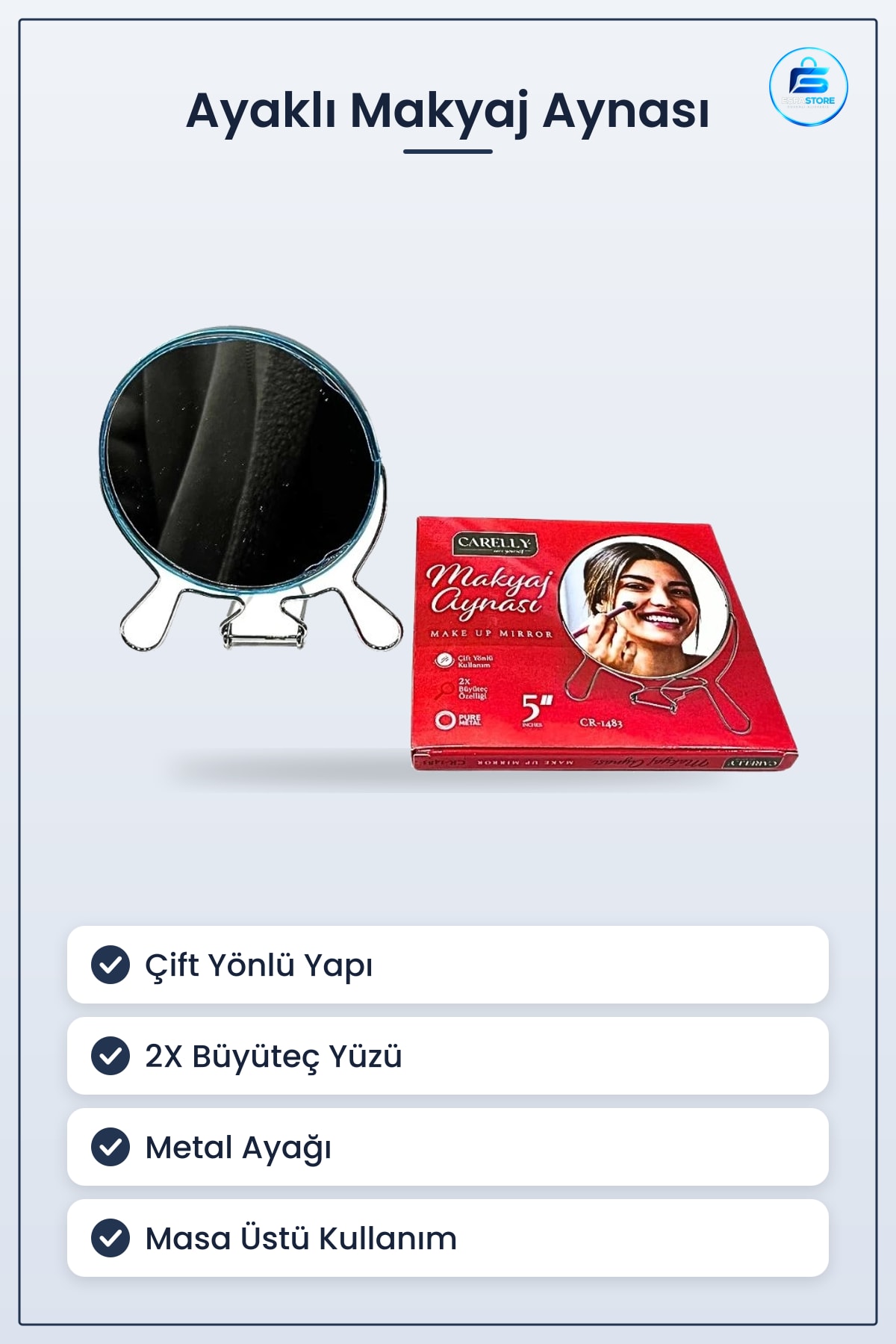 Ayaklı Makyaj Aynası Yuv. No 5 Çift Yönlü 2X Büyüteçli Masa Üstü Banyo Kozmetik Malzemesi