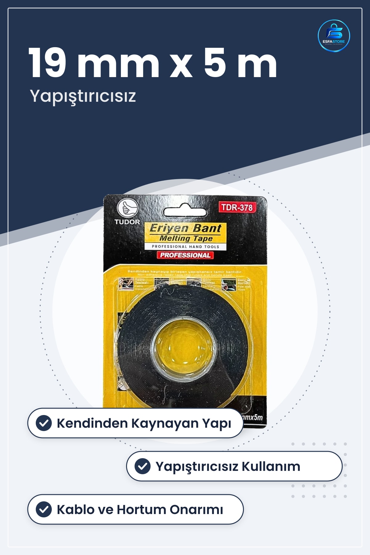 Eriyen Bant 19 mm x 5 m Kendinden Kaynayan Yapıştırıcısız Tamir Bandı Kablo Hortum Tesisatı