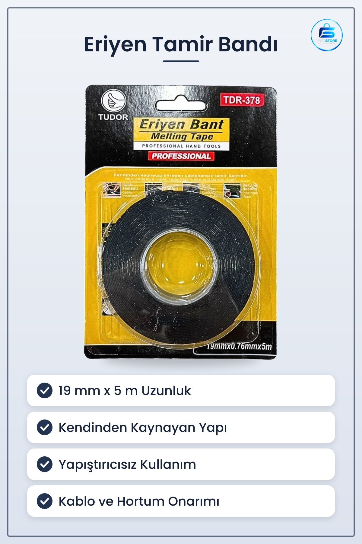 Eriyen Bant 19 mm x 5 m Kendinden Kaynayan Yapıştırıcısız Tamir Bandı Kablo Hortum Tesisatı