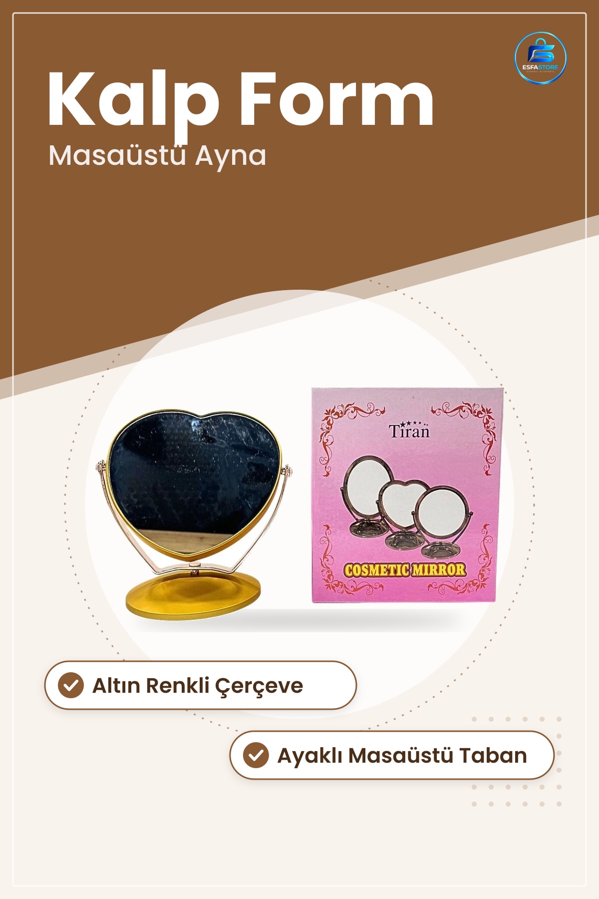 Makyaj Aynaı Masaüstü Kalp Model Altın Renkli Ayaklı Ev Dekorasyon Kozmetik Aksesuar Ayna