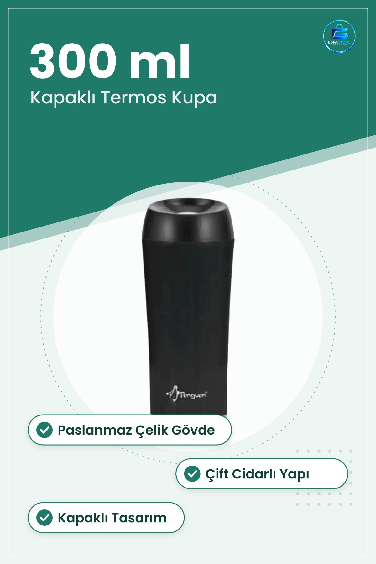 Termos Kahve Kupası 300 ml Siyah Paslanmaz Çelik Çift Cidarlı Kapaklı Seyahat Kamp Ofis Sıcak İçecek
