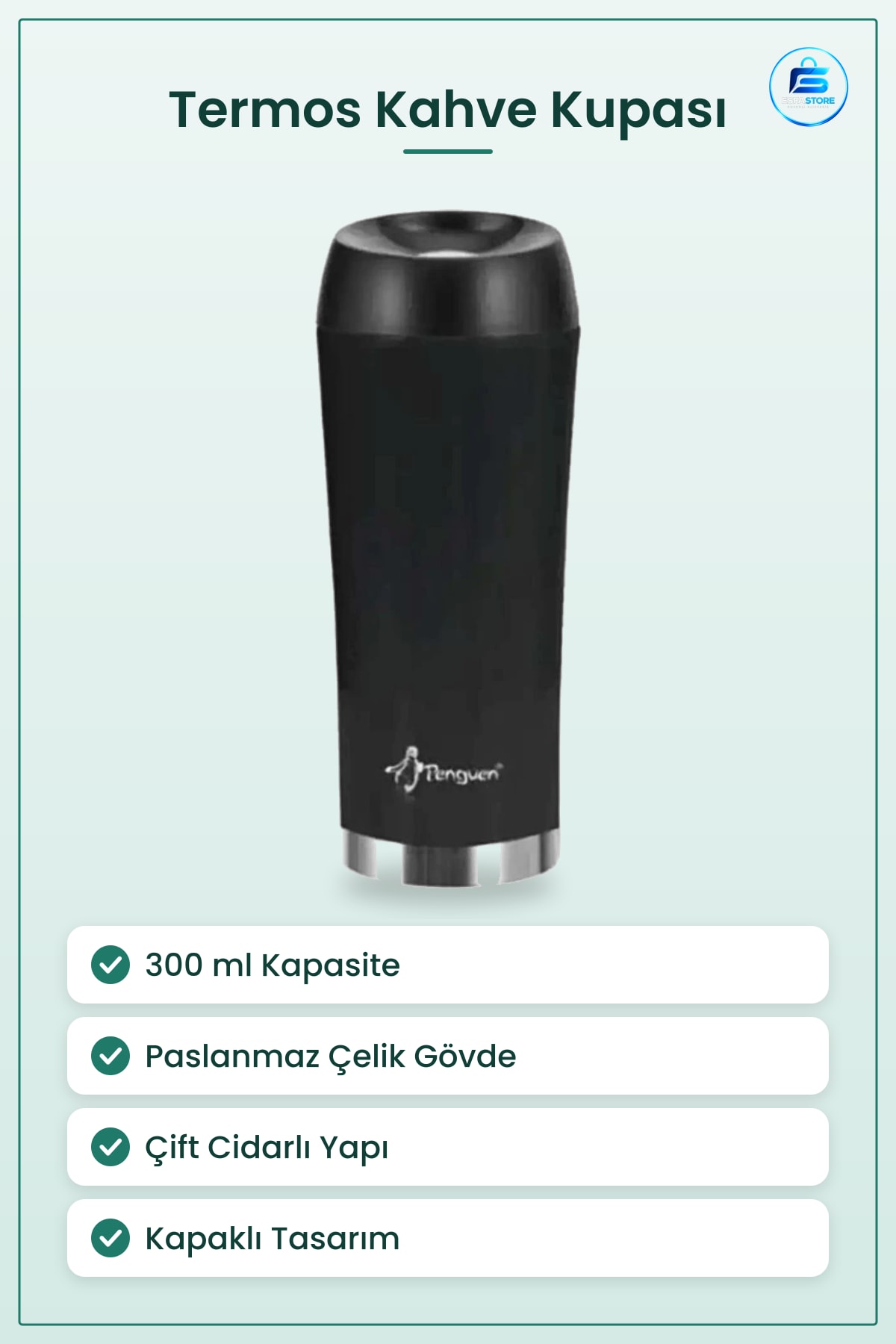 Termos Kahve Kupası 300 ml Siyah Paslanmaz Çelik Çift Cidarlı Kapaklı Seyahat Kamp Ofis Sıcak İçecek