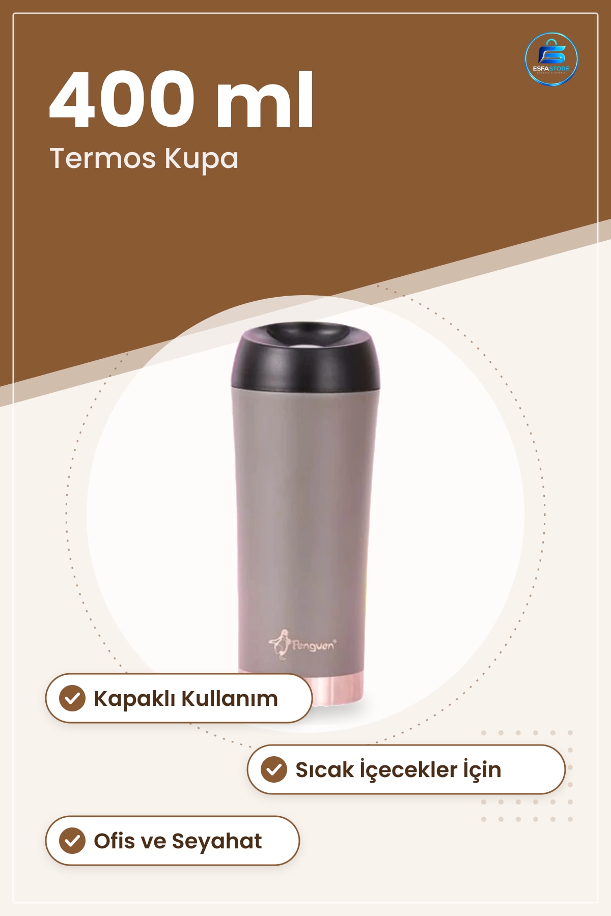 Termos Mug Kahve Kupa 400 ml Kapaklı Seyahat Ofis Sıcak İçecek Gri Taşınabilir Hediyelik