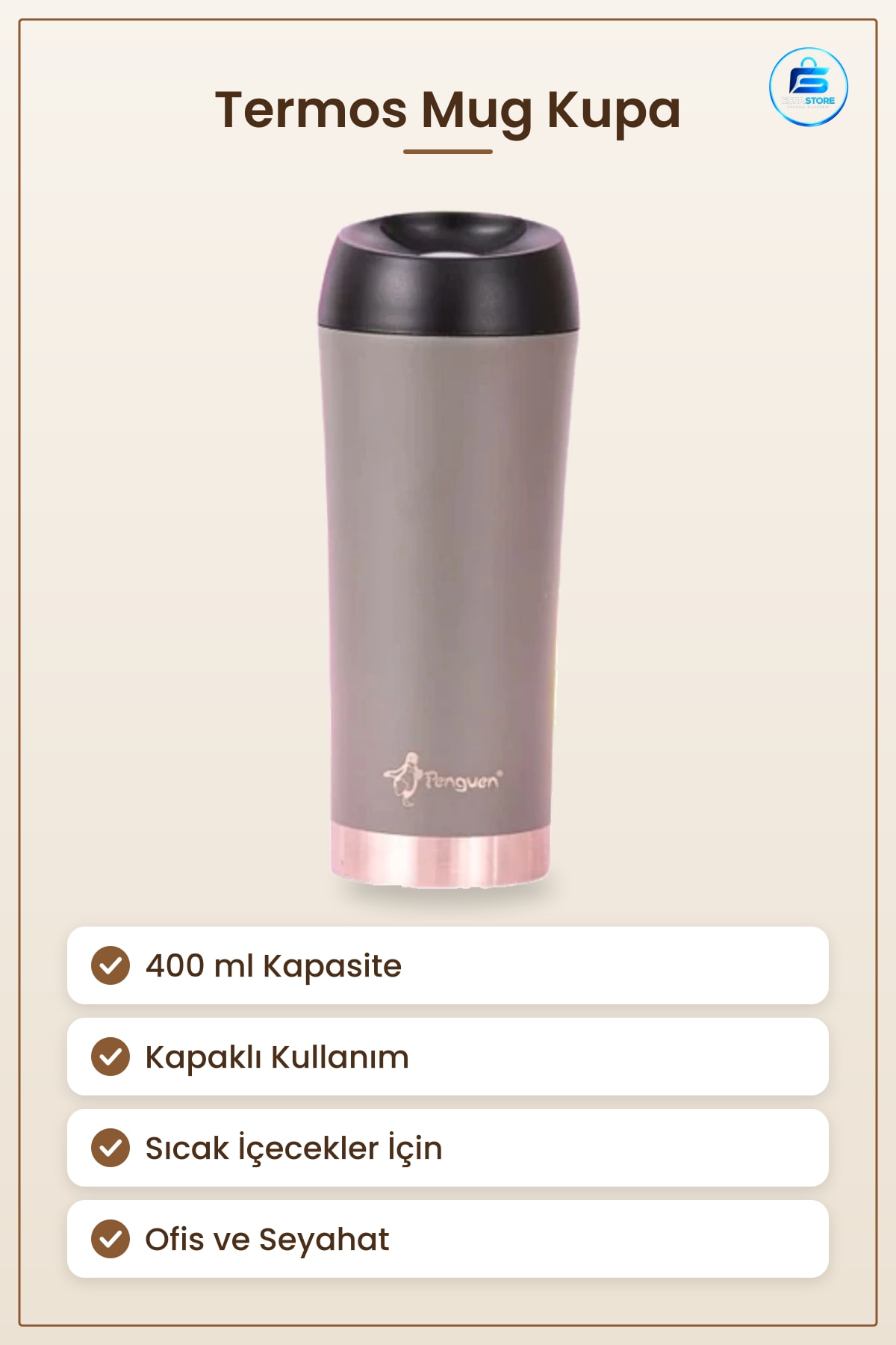 Termos Mug Kahve Kupa 400 ml Kapaklı Seyahat Ofis Sıcak İçecek Gri Taşınabilir Hediyelik