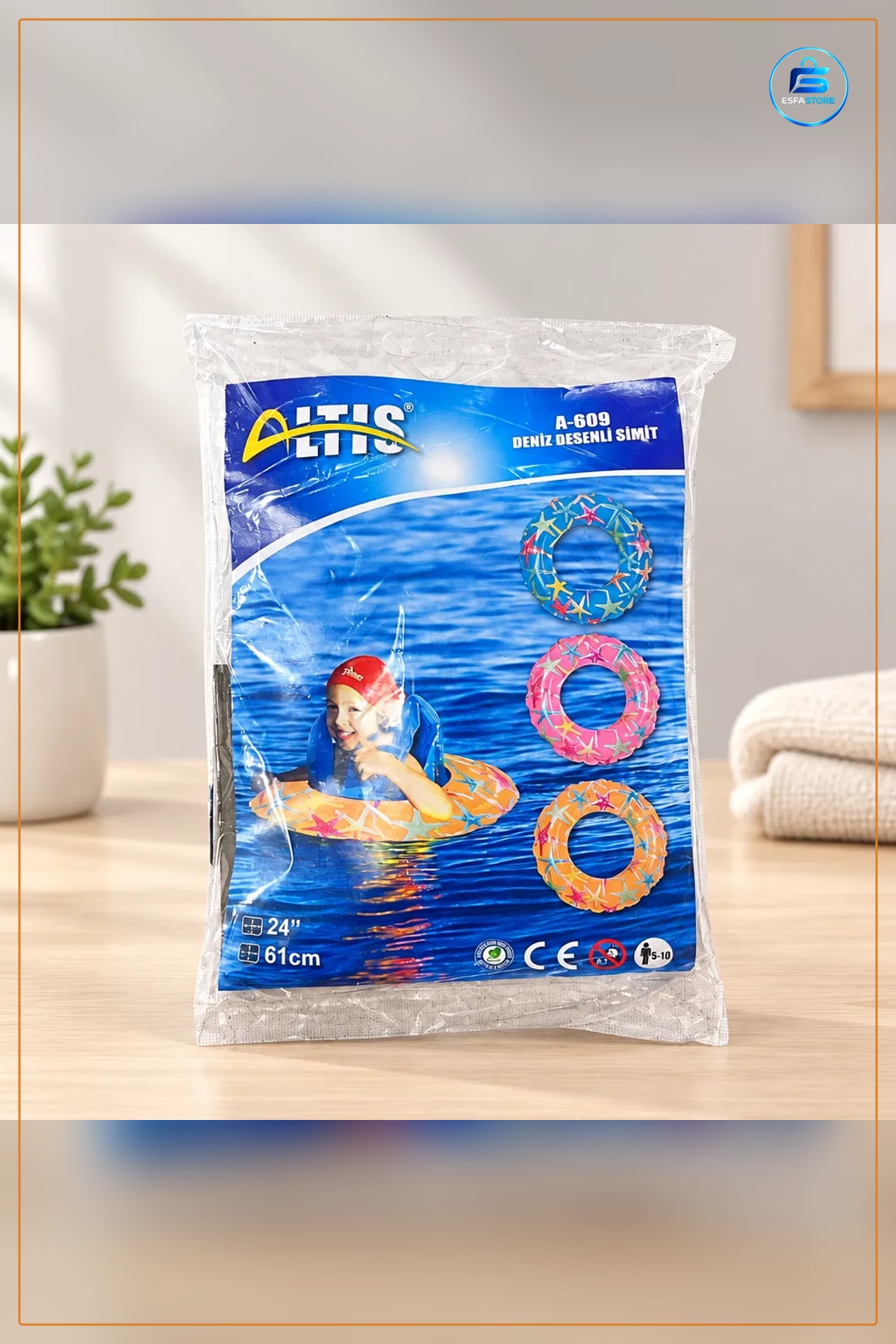 Deniz Desenli Simit 61 cm 24 inç Çocuk Havuz Plaj Yüzme Aksesuarı Su Oyunları Halkası