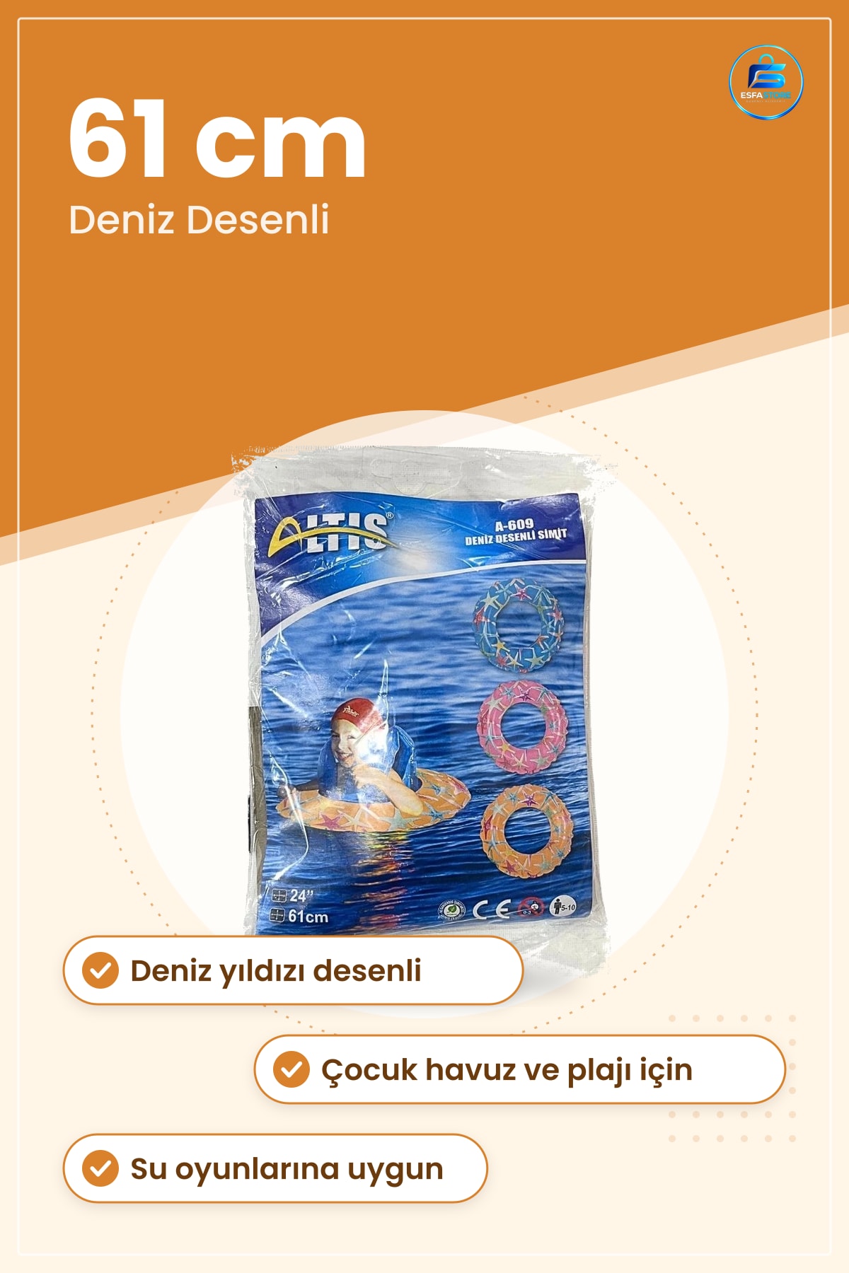 Deniz Desenli Simit 61 cm 24 inç Çocuk Havuz Plaj Yüzme Aksesuarı Su Oyunları Halkası