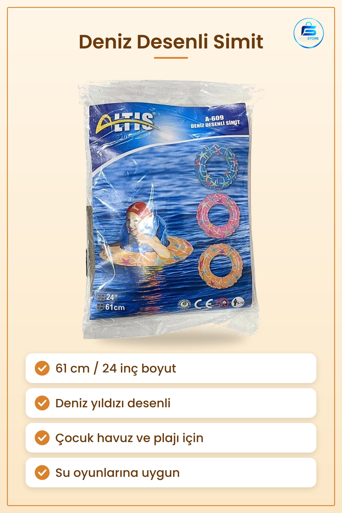 Deniz Desenli Simit 61 cm 24 inç Çocuk Havuz Plaj Yüzme Aksesuarı Su Oyunları Halkası