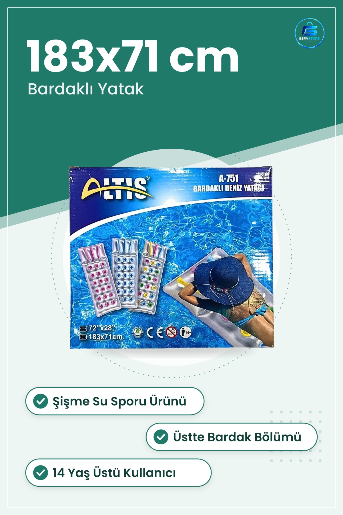 Bardaklı Deniz Yatağı 183x71 cm Şişme Plaj Havuz Su Sporu Yüzer Yatak Yaz Tatili Ev