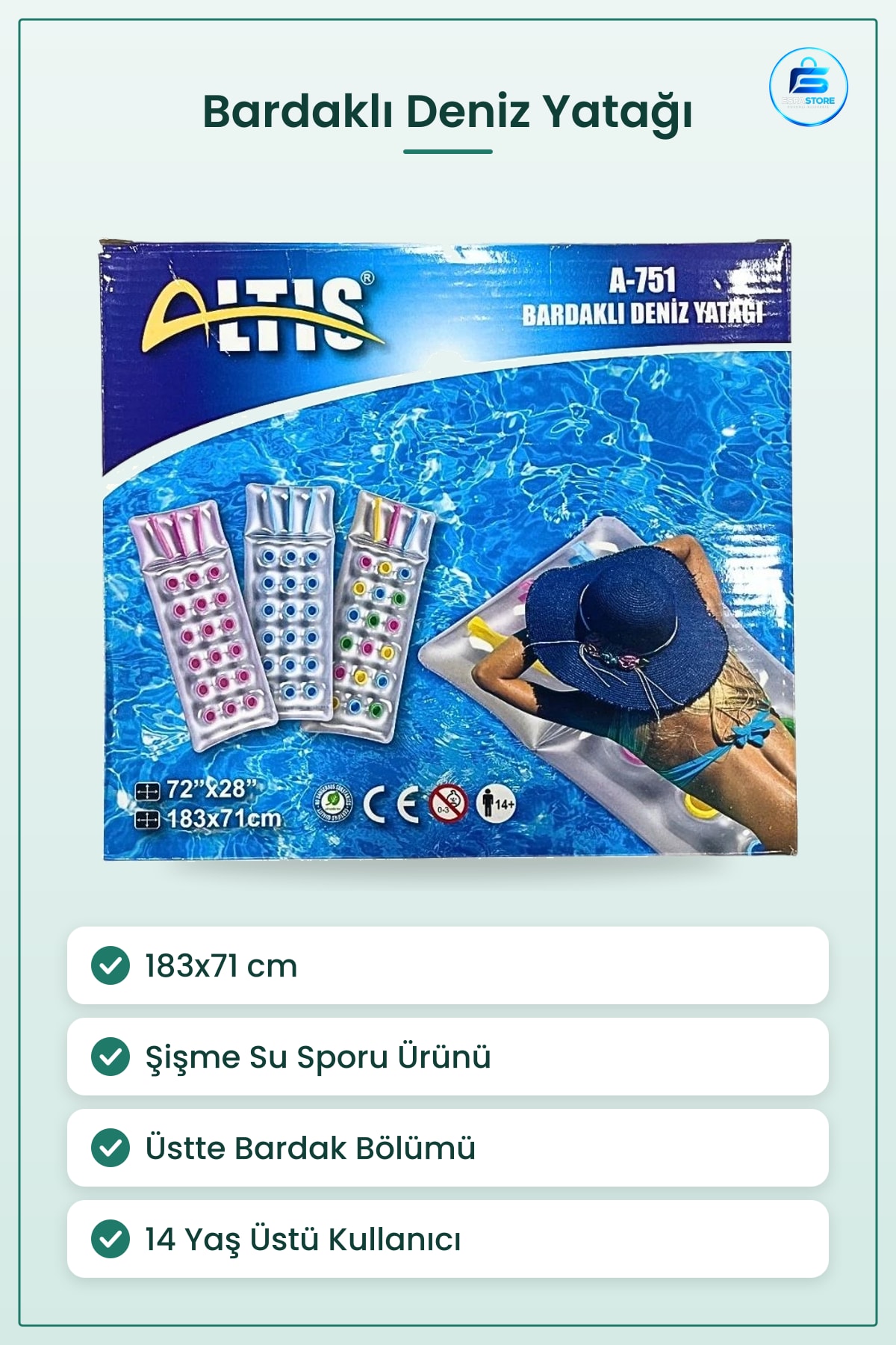 Bardaklı Deniz Yatağı 183x71 cm Şişme Plaj Havuz Su Sporu Yüzer Yatak Yaz Tatili Ev