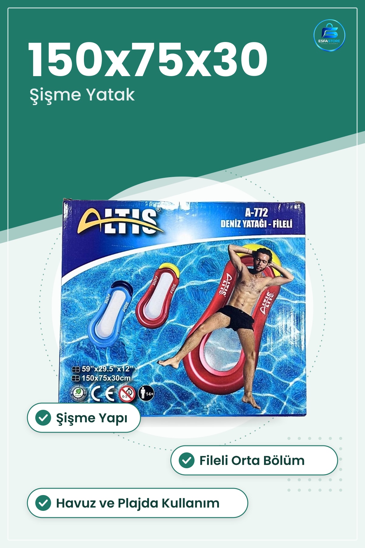 Fileli Deniz Yatağı 150x75x30 cm Şişme Havuz Plaj Yüzme Şezlong Yaz Tatili Hamağı Aksesuarı