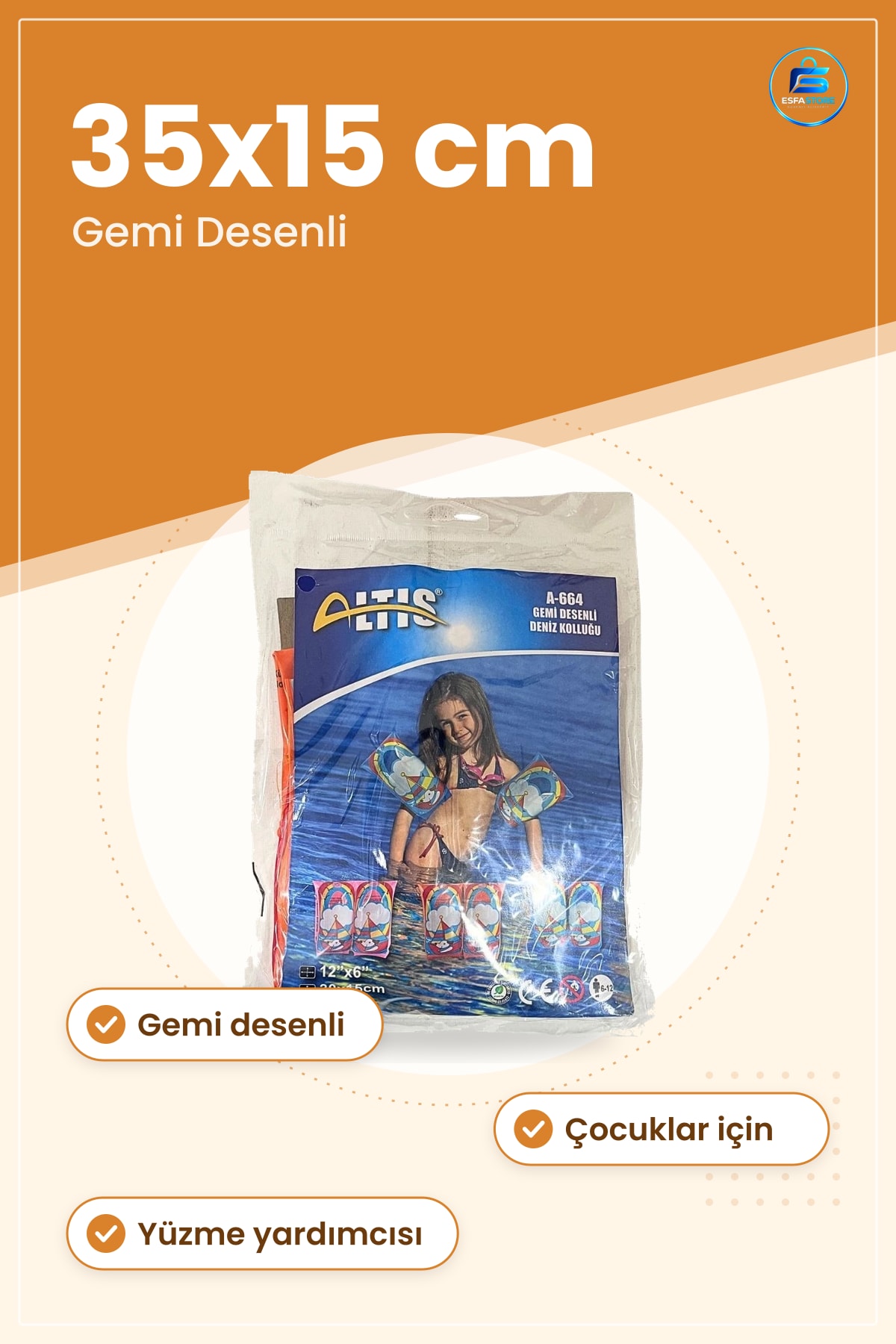 Deniz Kolluğu 35x15 cm Gemi Desenli Çocuklar İçin Yüzme Havuz ve Plaj Kullanımına Uygun Kolluk