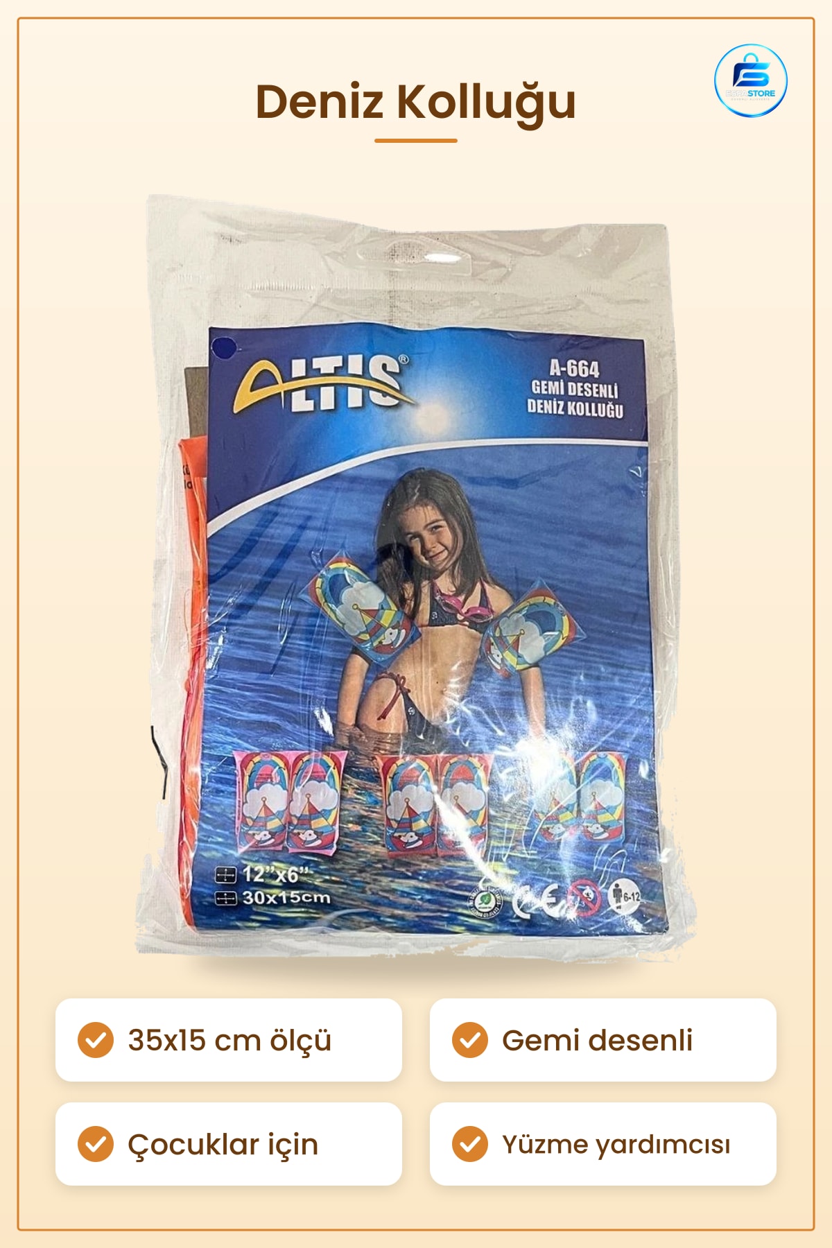 Deniz Kolluğu 35x15 cm Gemi Desenli Çocuklar İçin Yüzme Havuz ve Plaj Kullanımına Uygun Kolluk