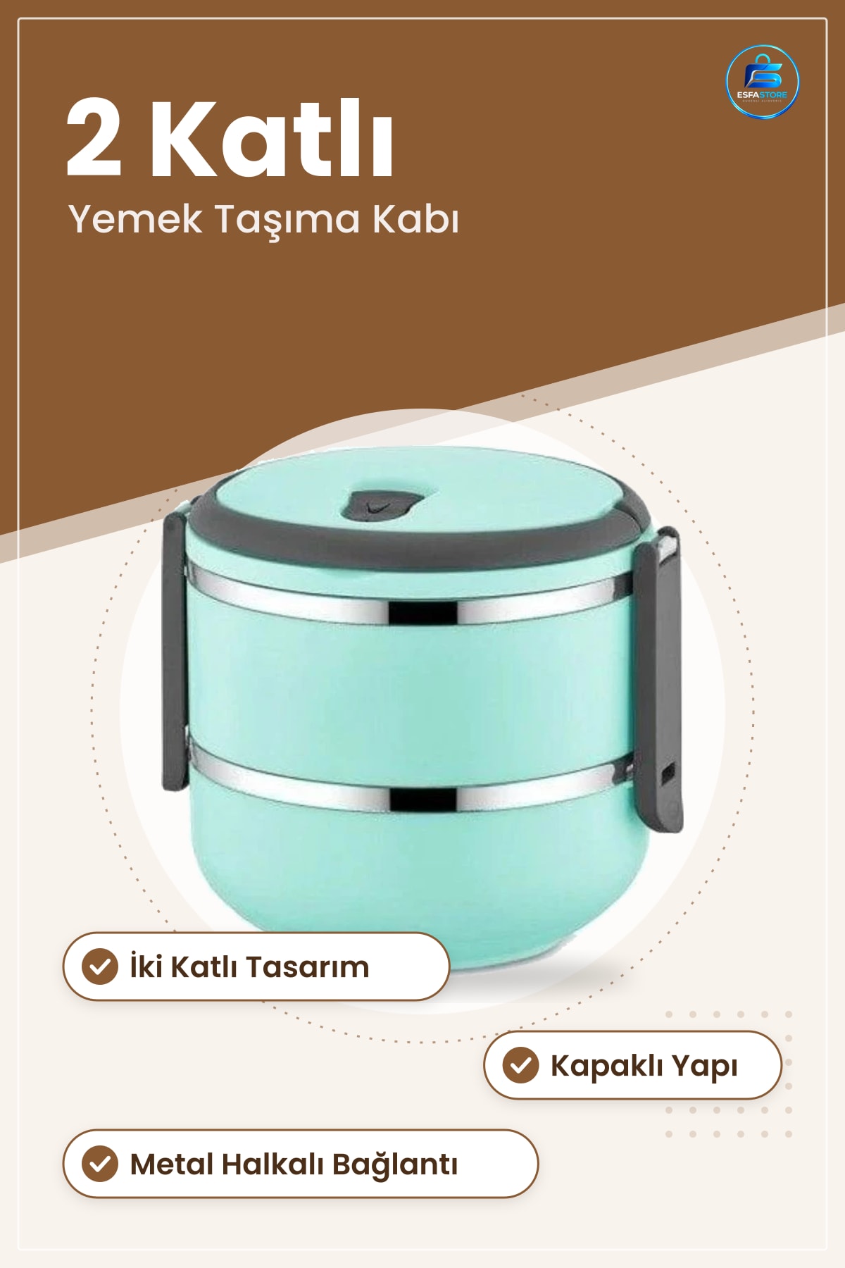 Sefer Tası 2 Katlı Yemek Taşıma Kabı Nane Yeşili Kapaklı Mutfak Okul İş Piknik Pratik