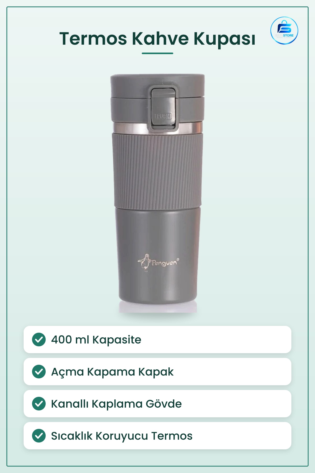 Termos Kahve Kupası 400 ml Sıcaklık Koruyucu Kapaklı Seyahat Ofis Günlük Kullanım Pratik