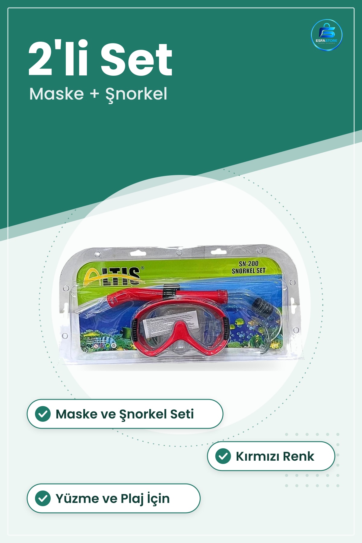 Maske ve Şnorkel Seti Dalış Gözlüğü Yüzme Deniz Havuz Plaj Kırmızı Su Altı Görüş Maskesi